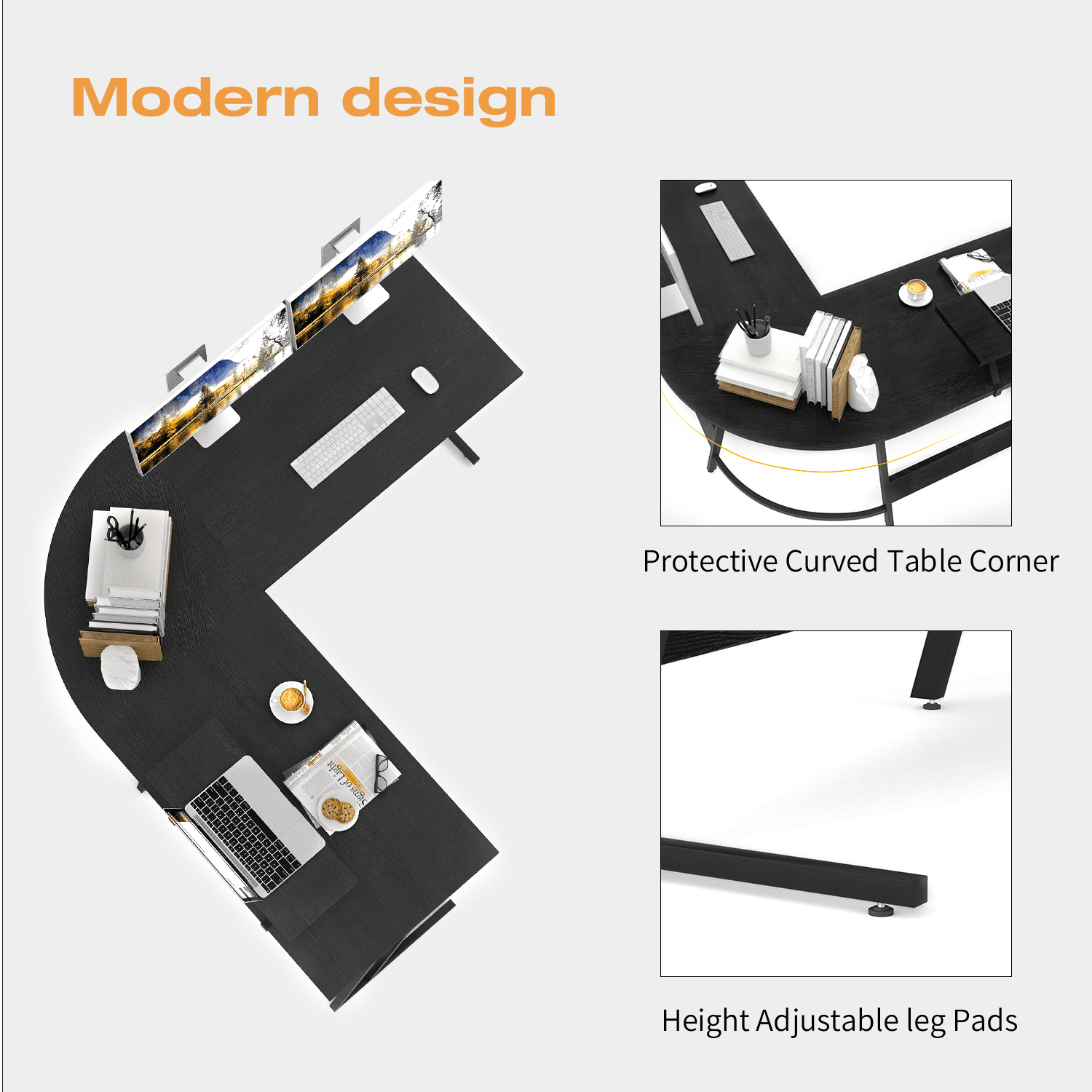 Vineego L-Shaped Computer Desk Modern Corner Desk Home Office Writing Sturdy Workstation with Movable Table, Black - Image 4