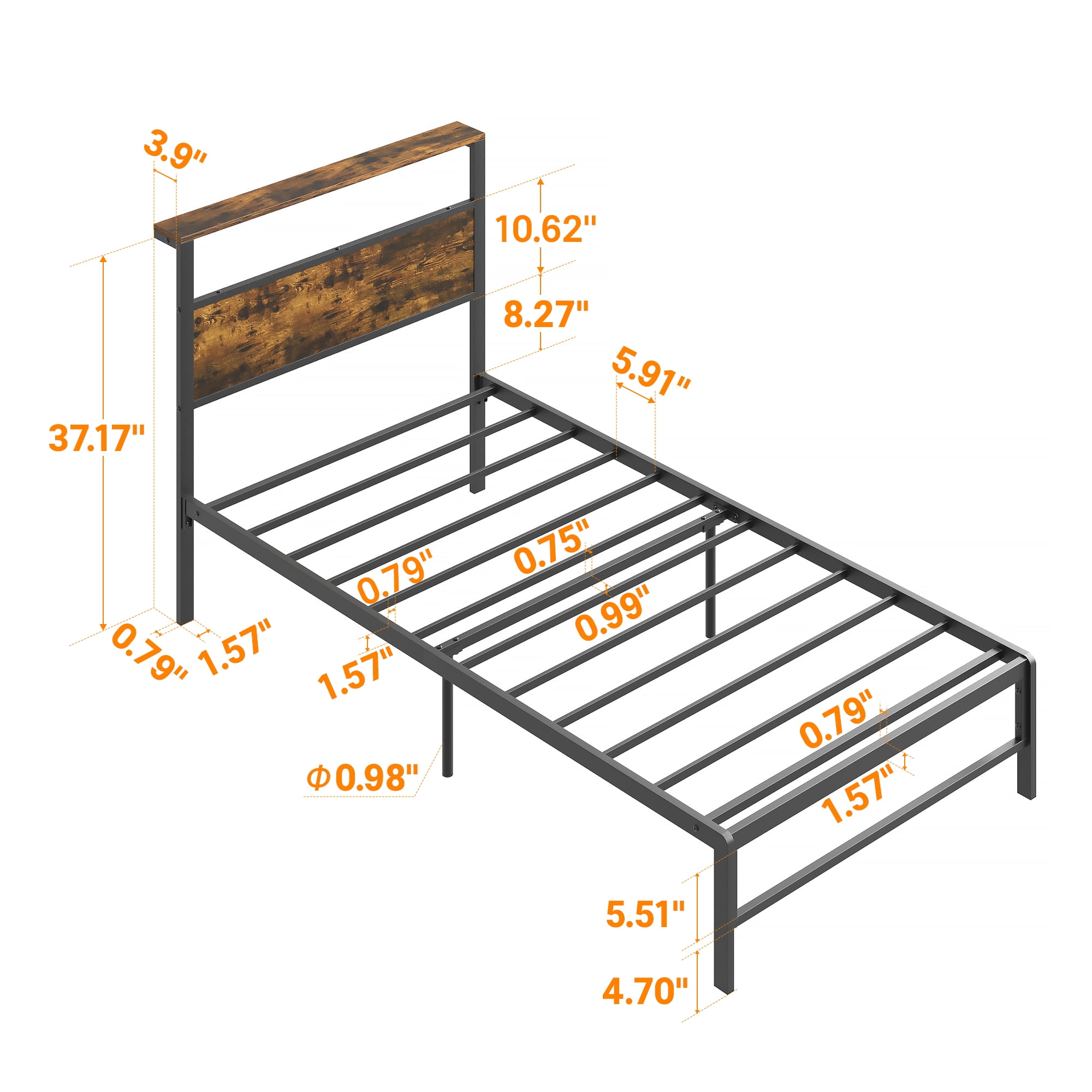 Yoneston Kids Twin Size Metal Platform Bed Frame with Storage Headboard, 12" Mattress Foundation for Childs Adults, Caramel Brown - Image 8