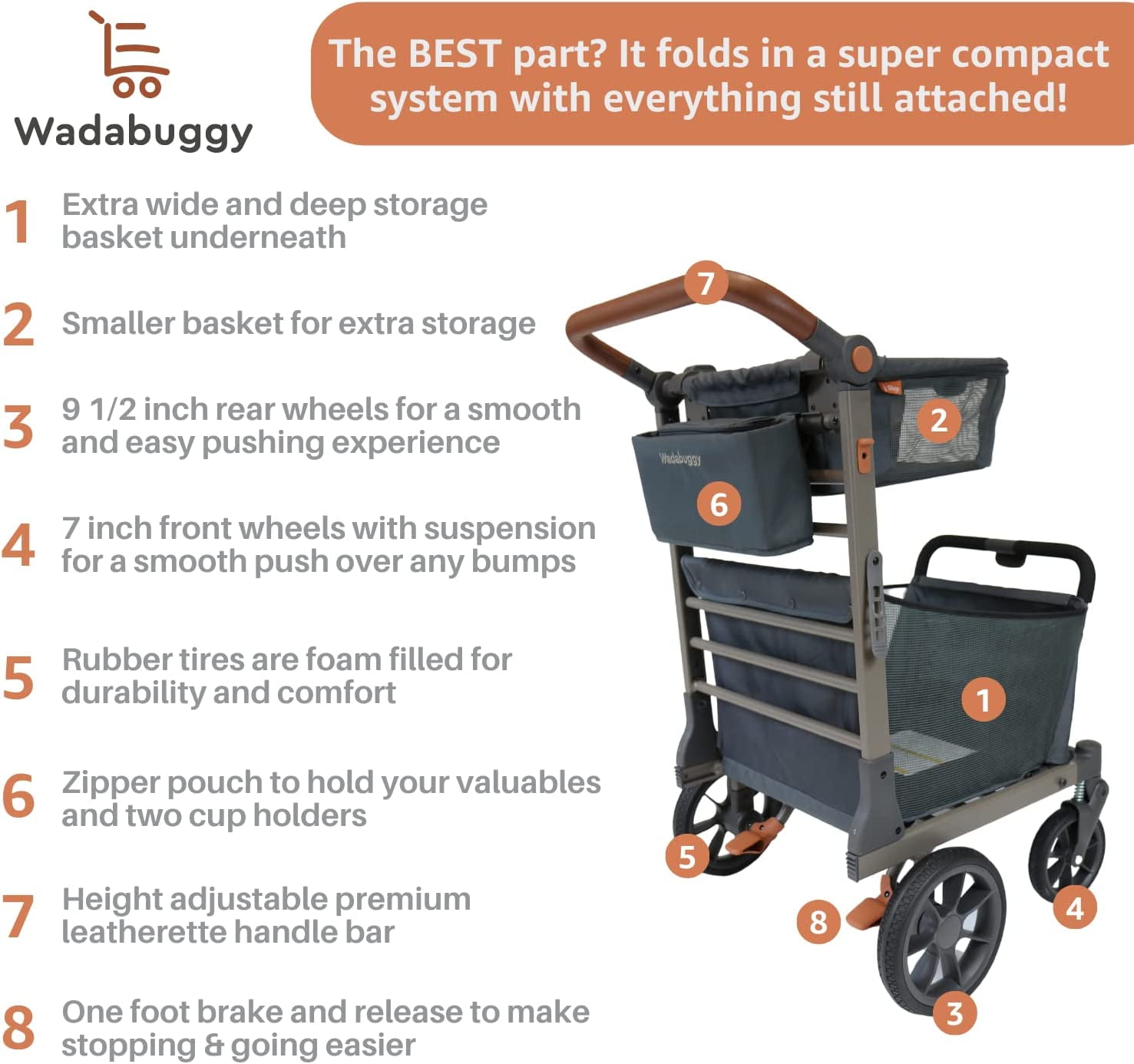 Wadabuggy Premium Shopping Cart, 2 Storage Baskets, Compact Fold, 2 Drink Holders, Zipper Pocket, Adult, Gray - Image 4