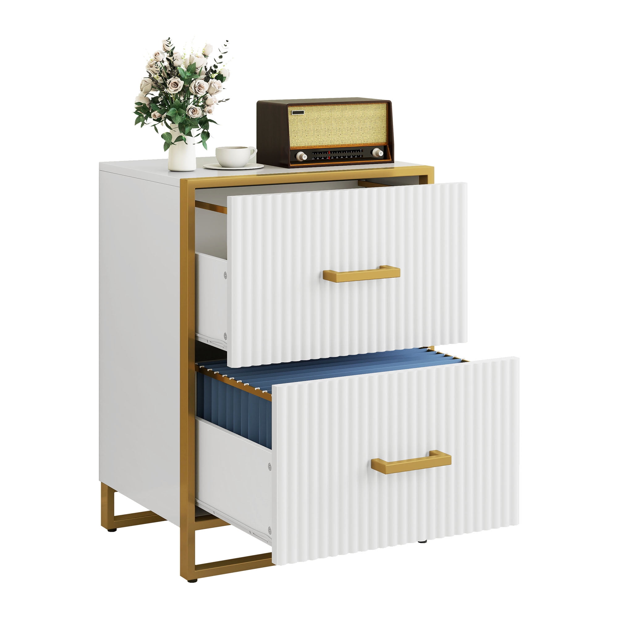 Dextrus 2 Drawer File Cabinet with Metal Legs , Wood Lateral Filing Cabinet Printer Stand Fits A4 Letter Legal Size Files for Home Office, White & Gold - Image 5