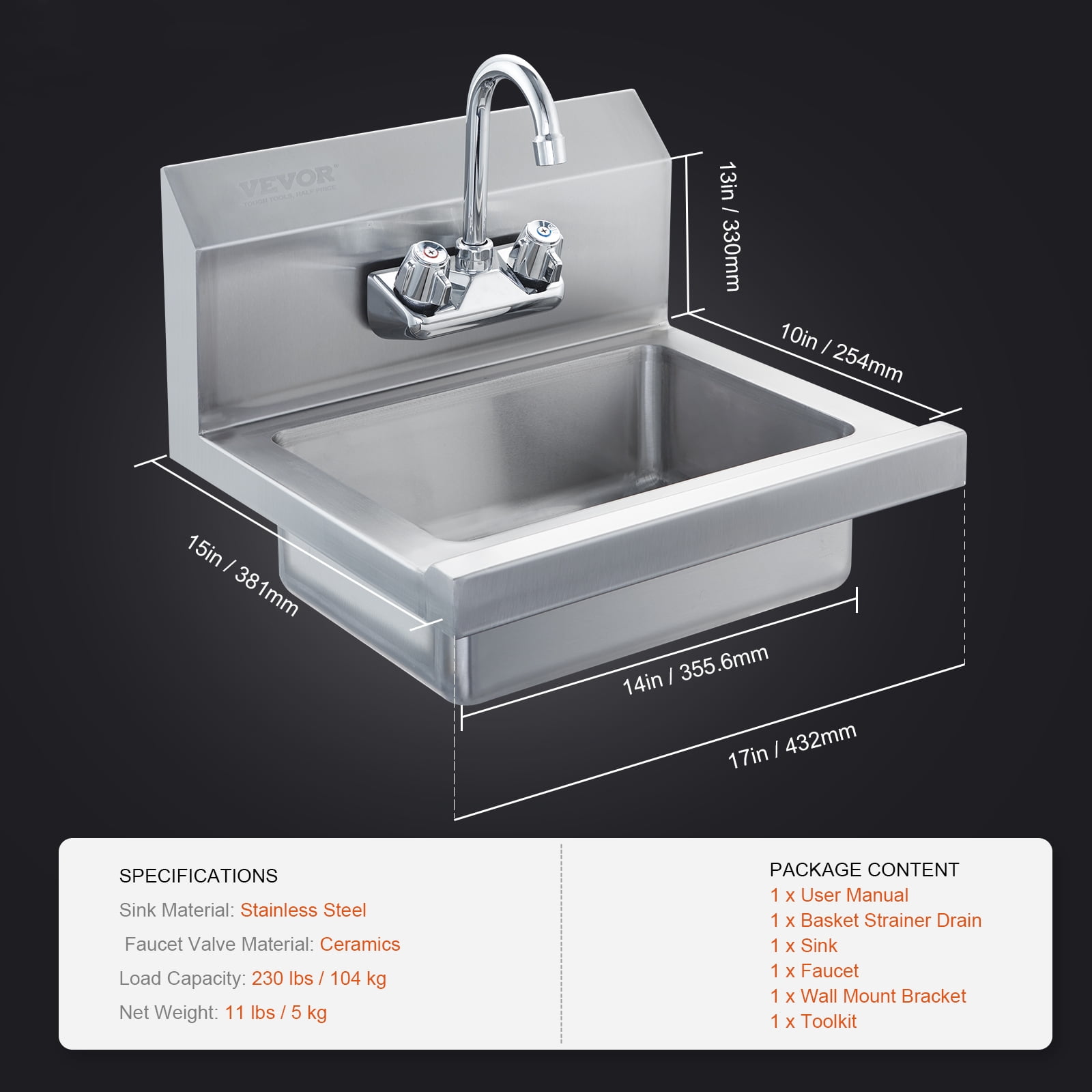 VEVOR 17"x12.8" Commercial Stainless Steel Hand Washing Sink with Faucet,Wall Mount Hand Basin, Utility Sink for Restaurant, Kitchen, Bar, Garage and Home - Image 8