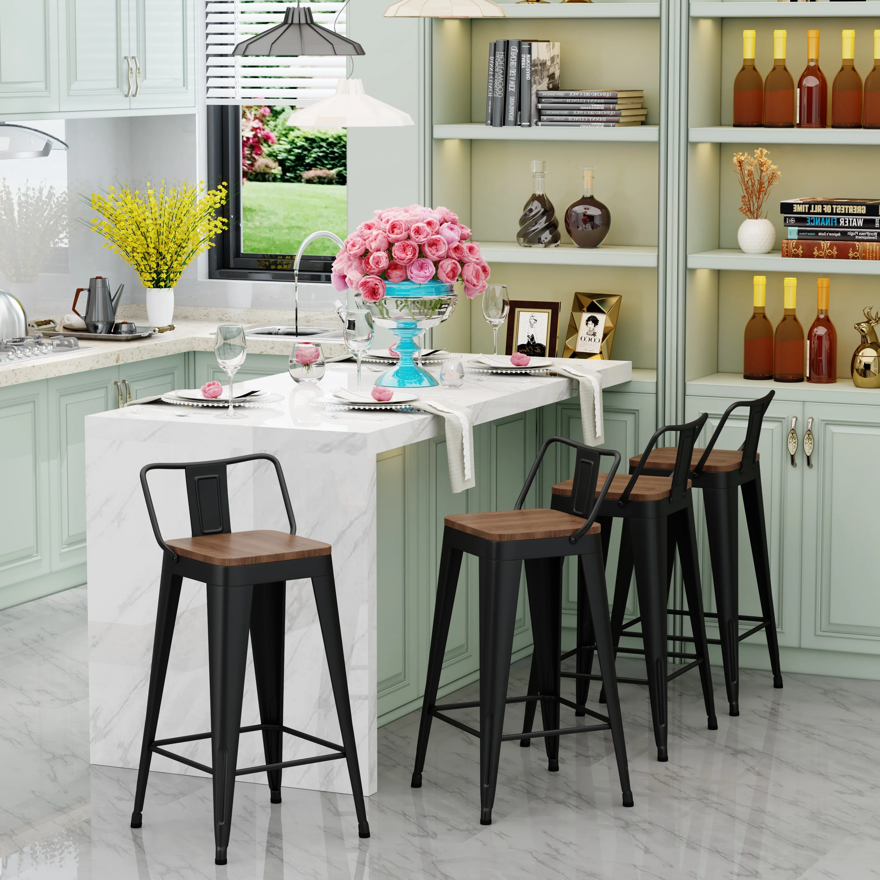 Apeaka 26 inch Bar Stools with back set of 4 Counter Height Stools with Wood Seat Metal Bar Stools - Image 3