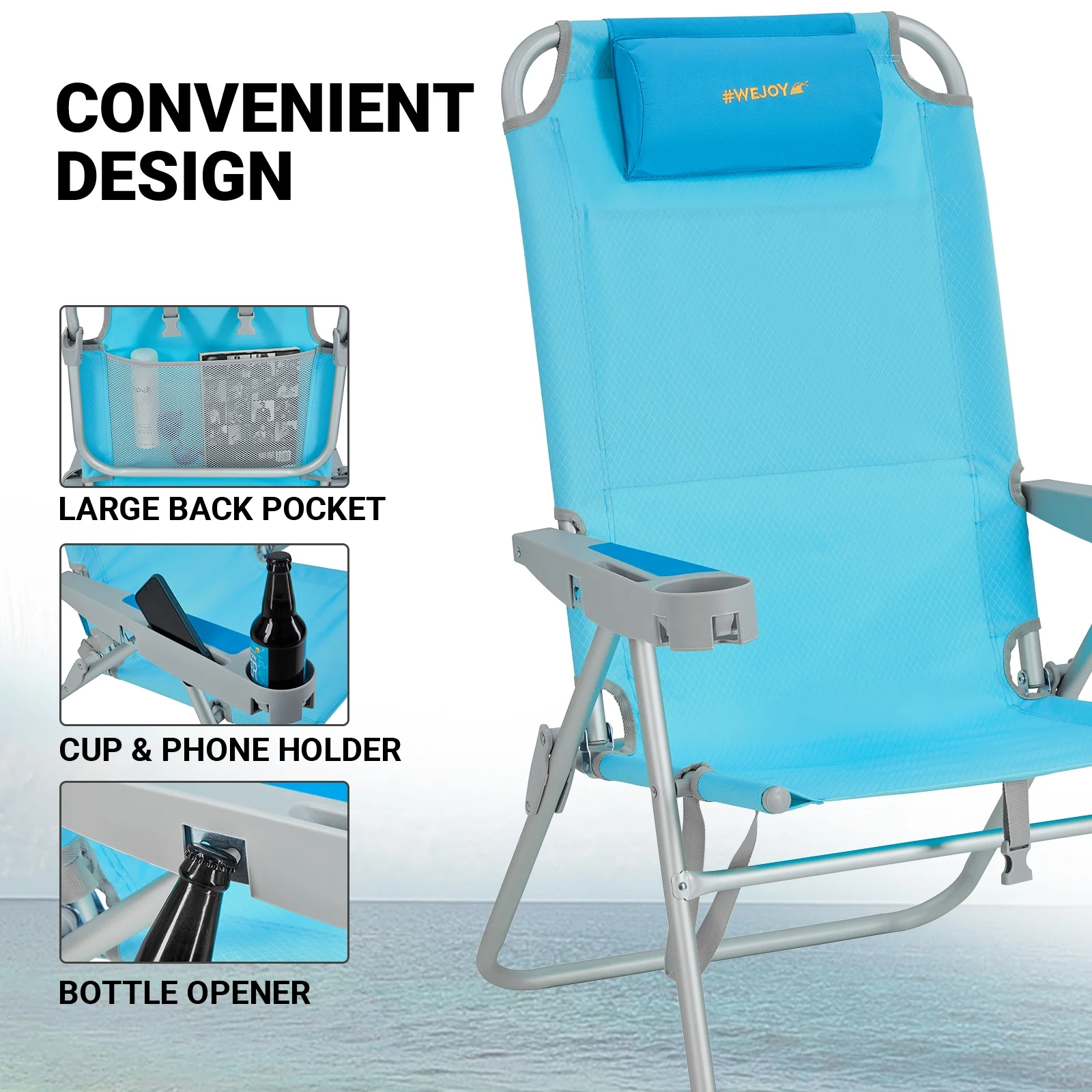 #WEJOY High Backpack Beach Chair, Portable 5-Position Reclining Lawn Chairs, Folding Chair with Phone Holder & Head Pillow, Supports up to 300 lbs for Outdoor, Camping - Image 4