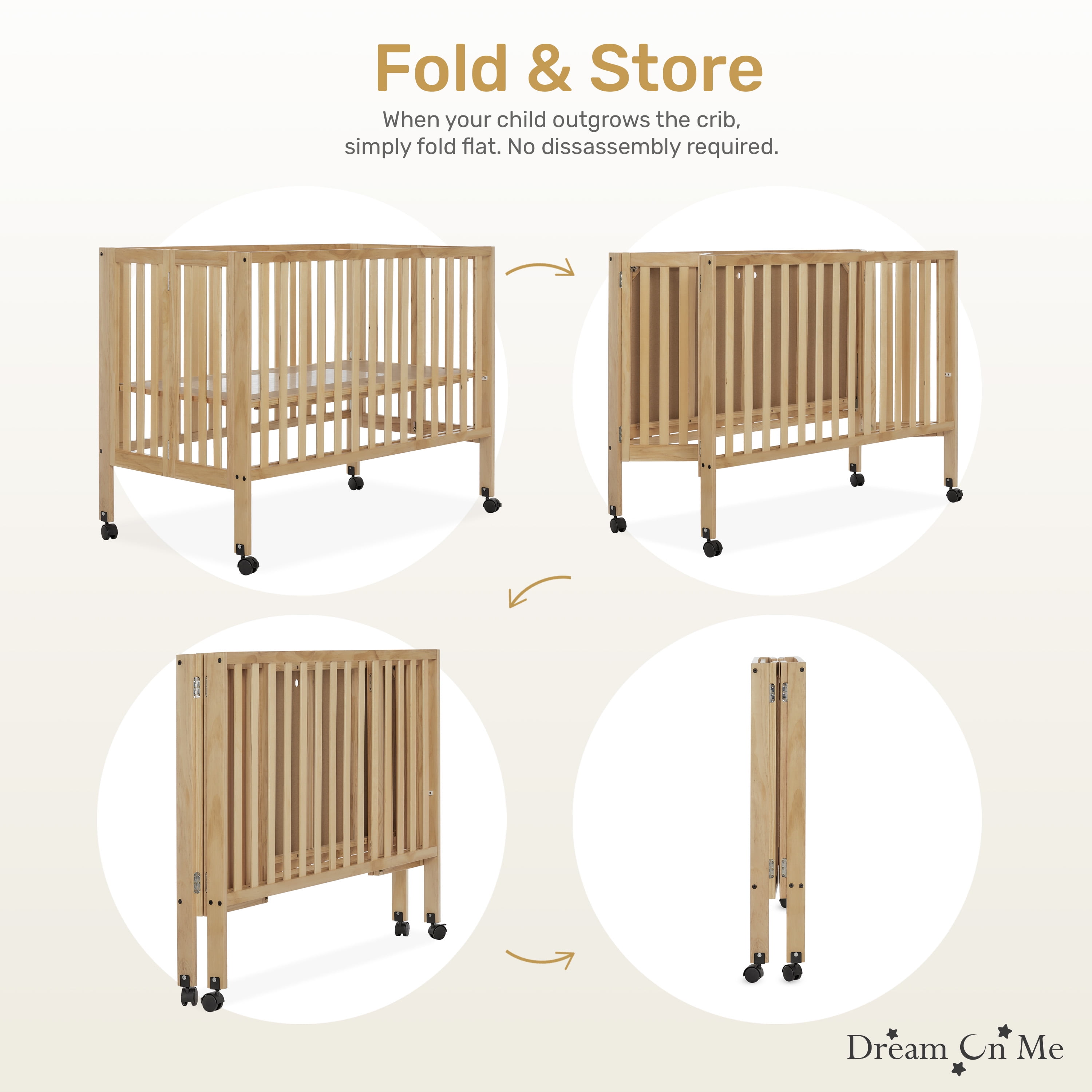 Dream On Me Quinn Full-Size Folding Crib, Removable Wheels, Modern Nursey, Adjustable Mattress Support, Patent Folding System in Natural - Image 6