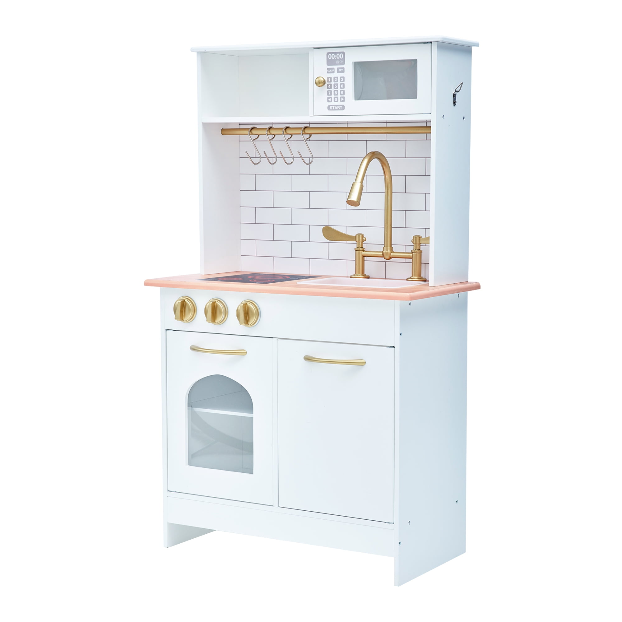 Teamson Kids Little Chef Boston Wooden Play Kitchen, 9 Pcs Acc Set, Oven, ,Sink, Interactive Features, White/Gold - Image 5