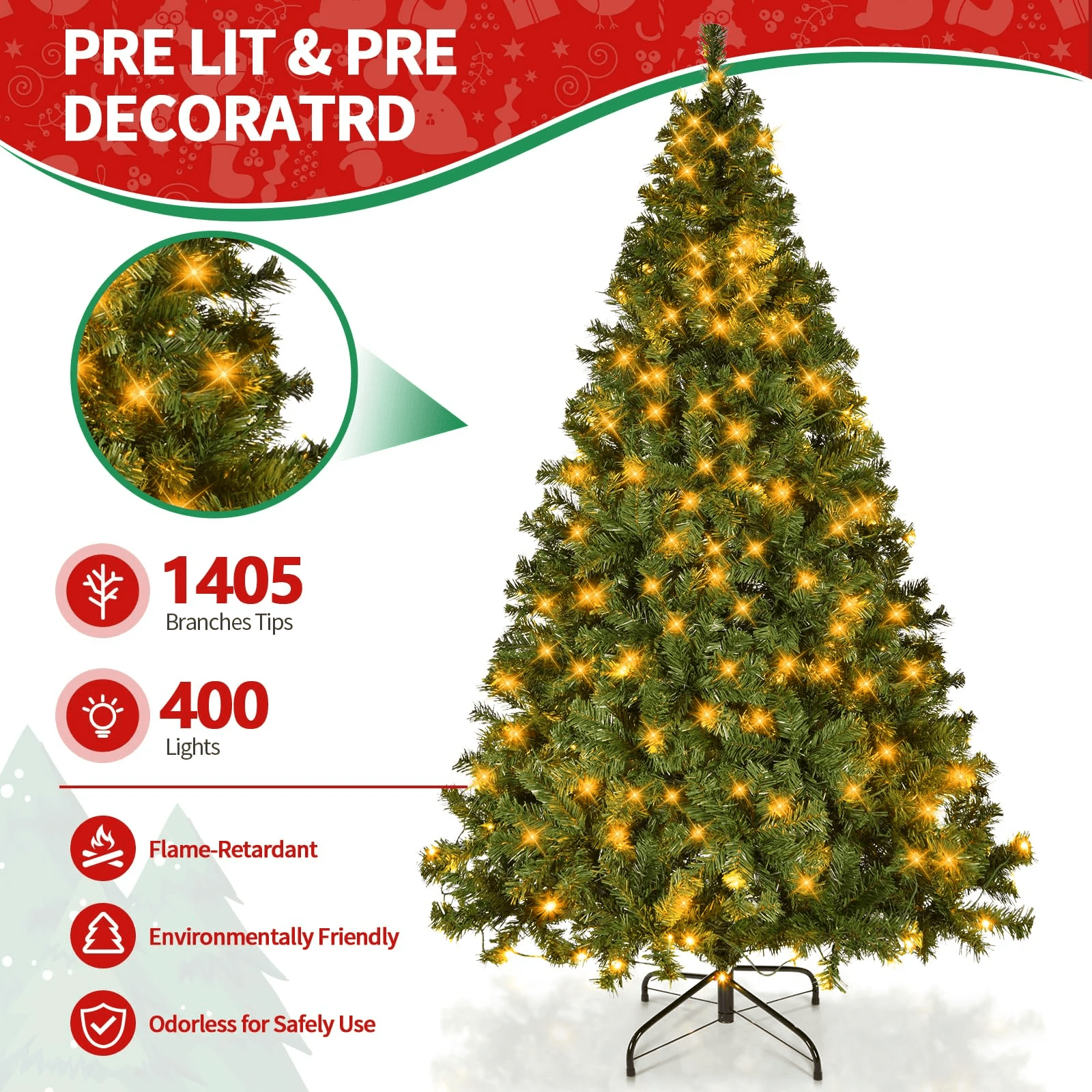 Vebreda Pre-Lit Artificial Christmas Tree 7.5ft with 400 Clear Incandescent Mini Lights, Indoor Outdoor Green - Image 7