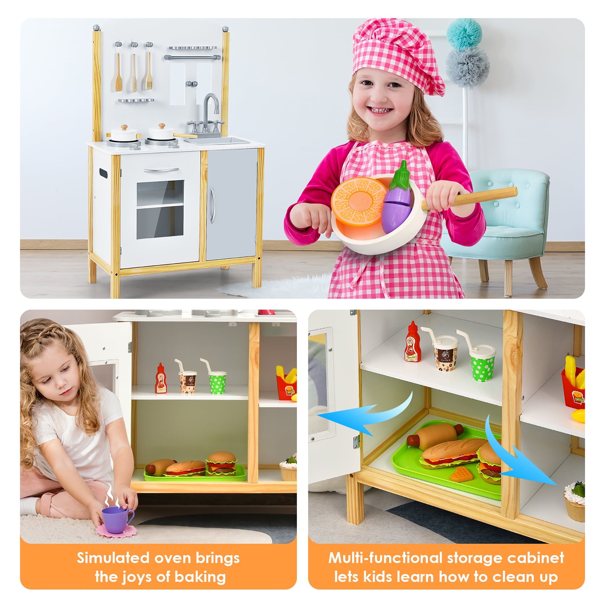 Costway Kids Play Kitchen Set Toddler Pretend Cooking Set w/ Cabinet&Accessories - Image 3