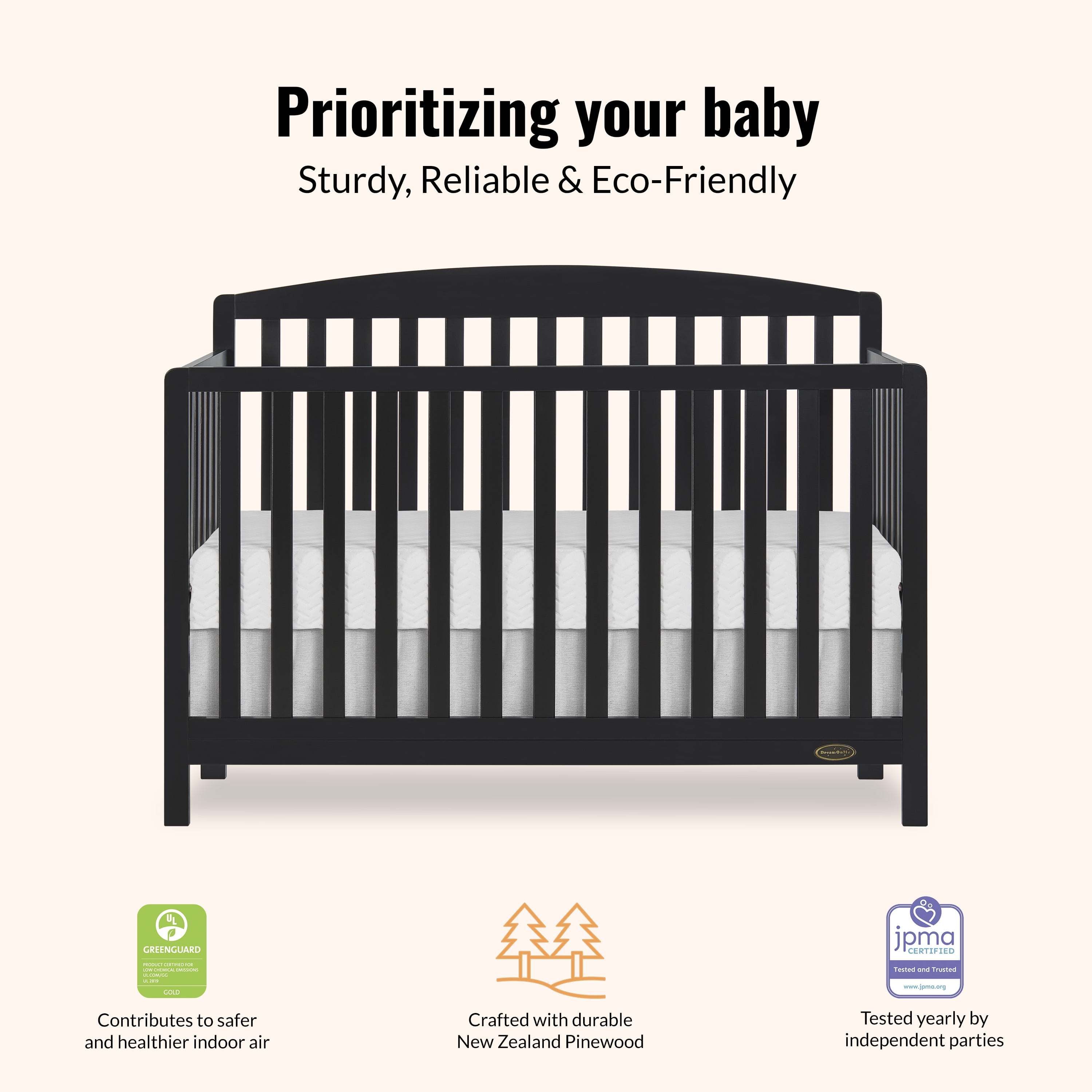 Dream On Me Odelle 5-in-1 Convertible Crib, Converts from Baby Crib to Toddler Bed, Day Bed, Kids Bed and Full Size Bed, Three Adjustable Mattress Height Positions, Matt Black - Image 6