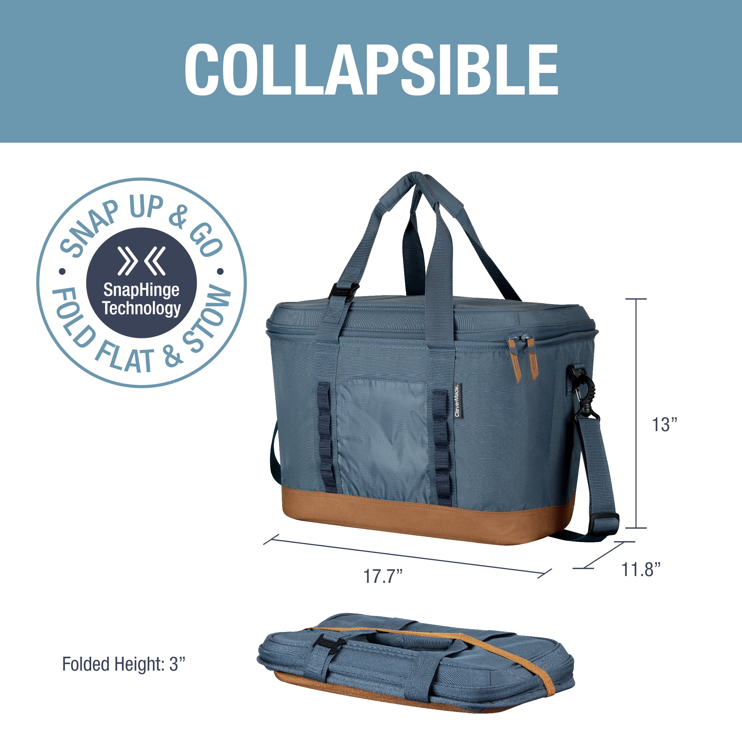 CleverMade 50 Can Pacifica Collapsible Cooler, Ocean/Cognac - Image 4