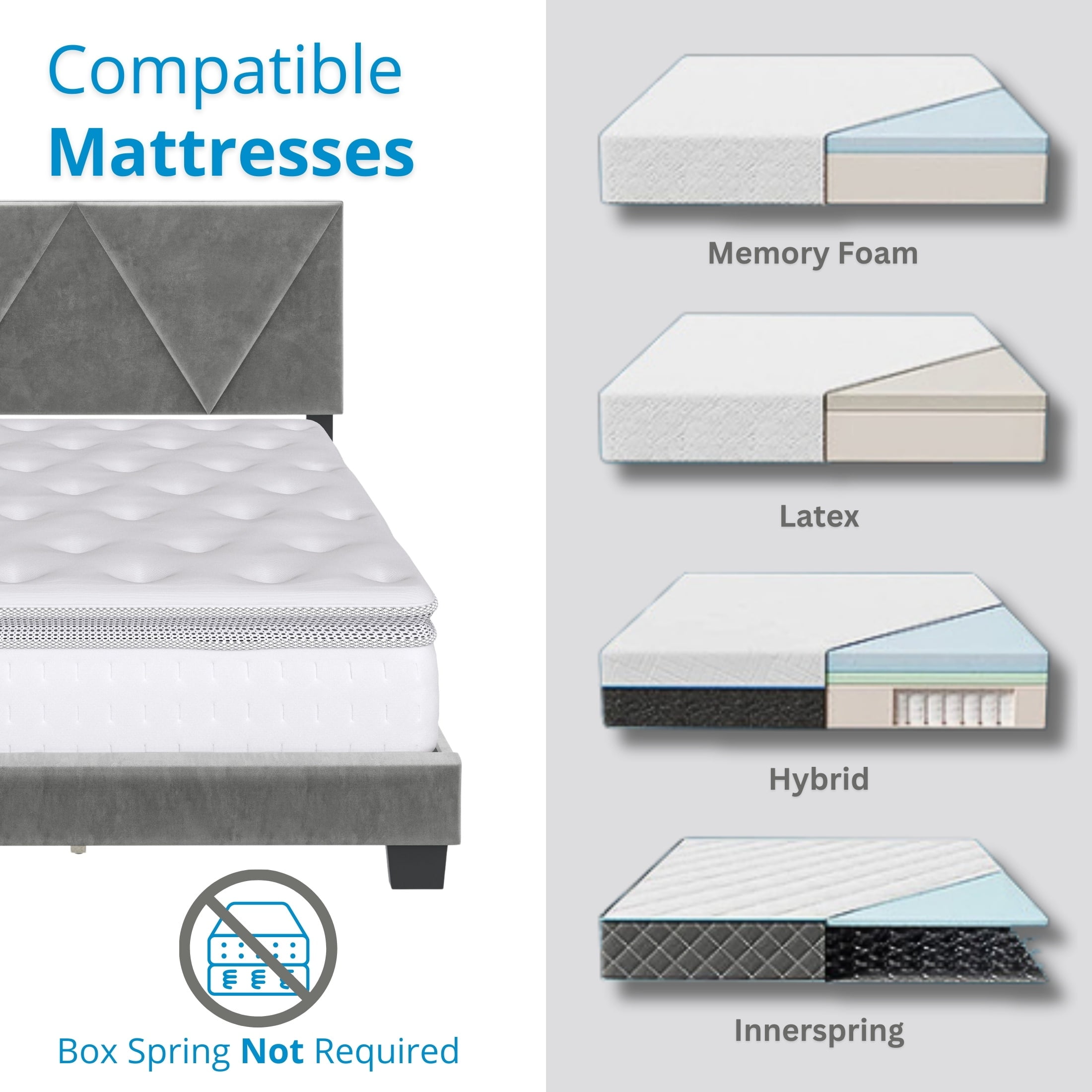 Boyd Sleep Vector Gray Velvet Queen Size Upholstered Platform Bed Frame with Adjustable Headboard - Image 2