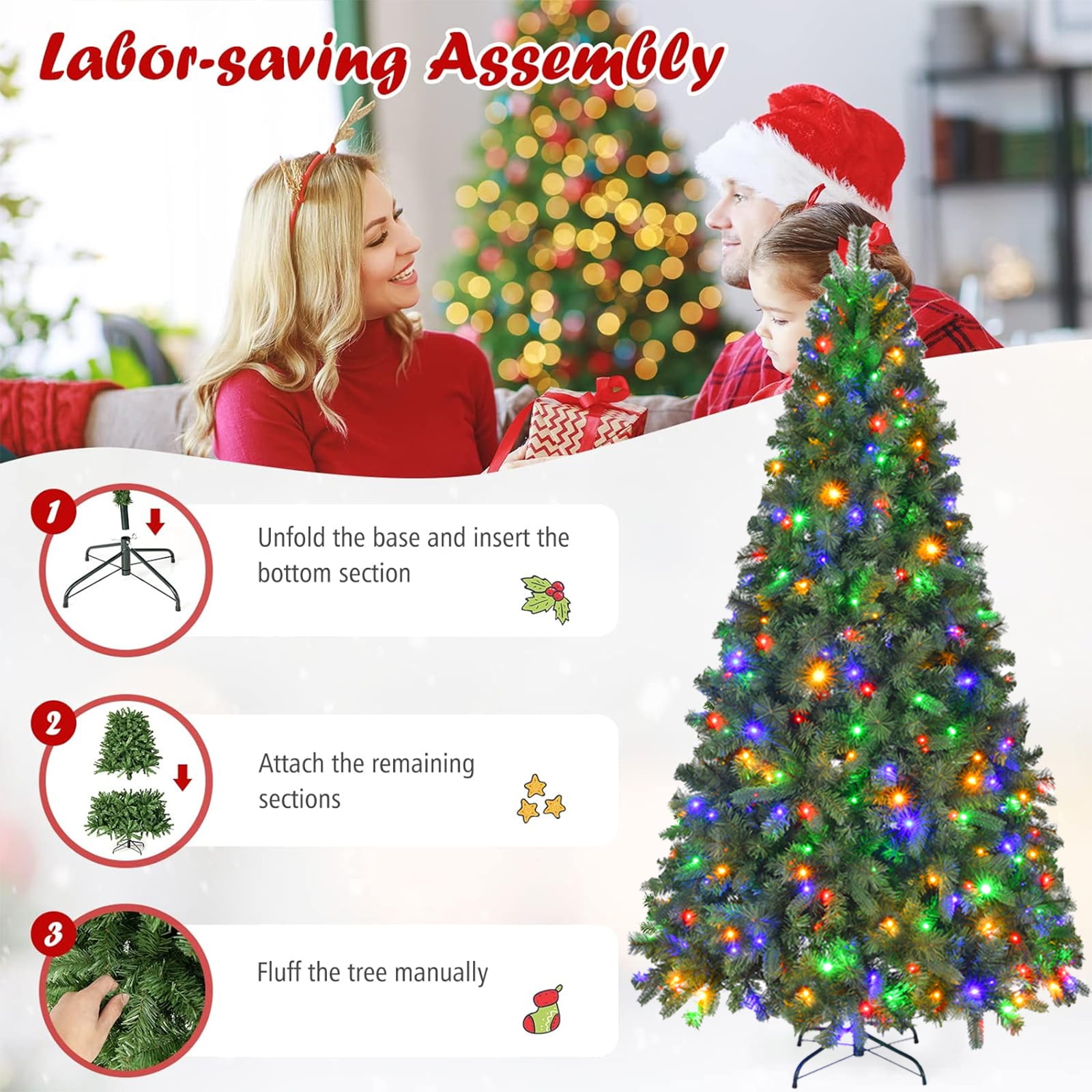 Fenbeli 6ft Pre-Lit Artificial Christmas Tree with 250 Multicolored LED Lights, 8 Sequences, Green - Image 7