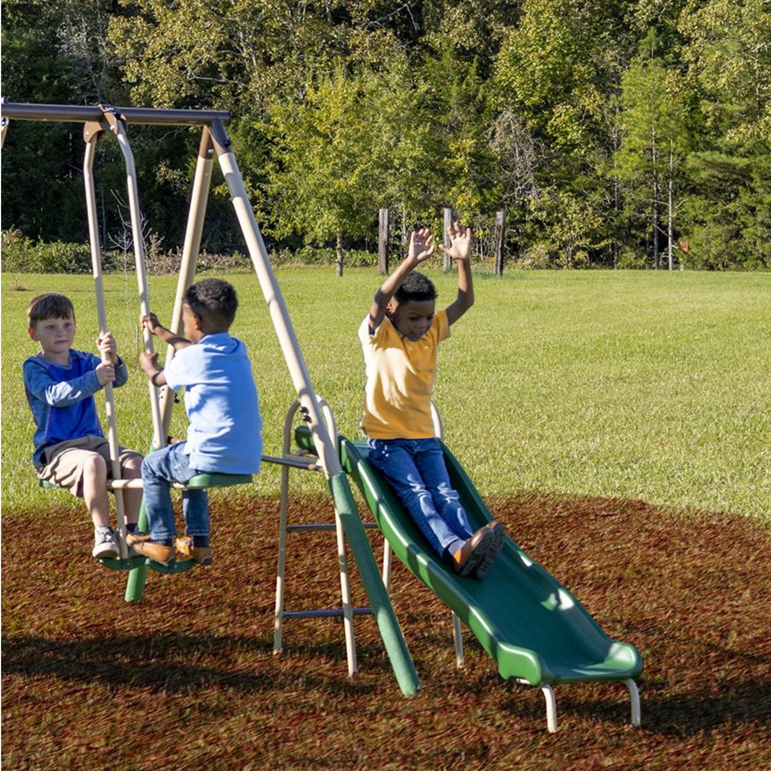 Crestview Swing Set by XDP Recreation with 2 Swing Seats, Stand R Swing, Wave Slide, Fun Glider, & See Saw - Image 6
