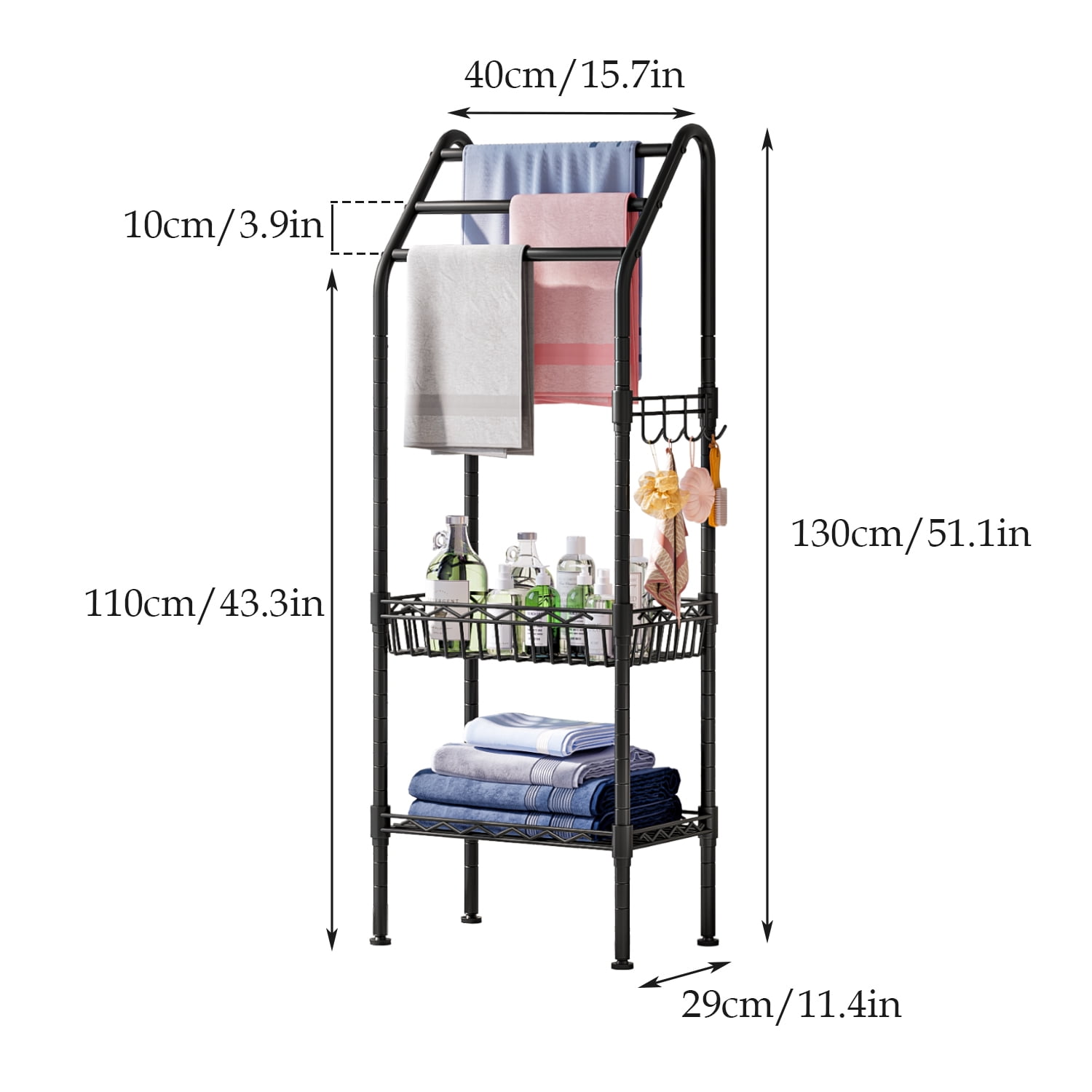 Untyo Metal 3 Tiers Free-Standing Towel Rack, Adjustable Bathroom Storage Organizer Shelf, Bath Towel Standing Shelf for Swimming Pool, Black - Image 9