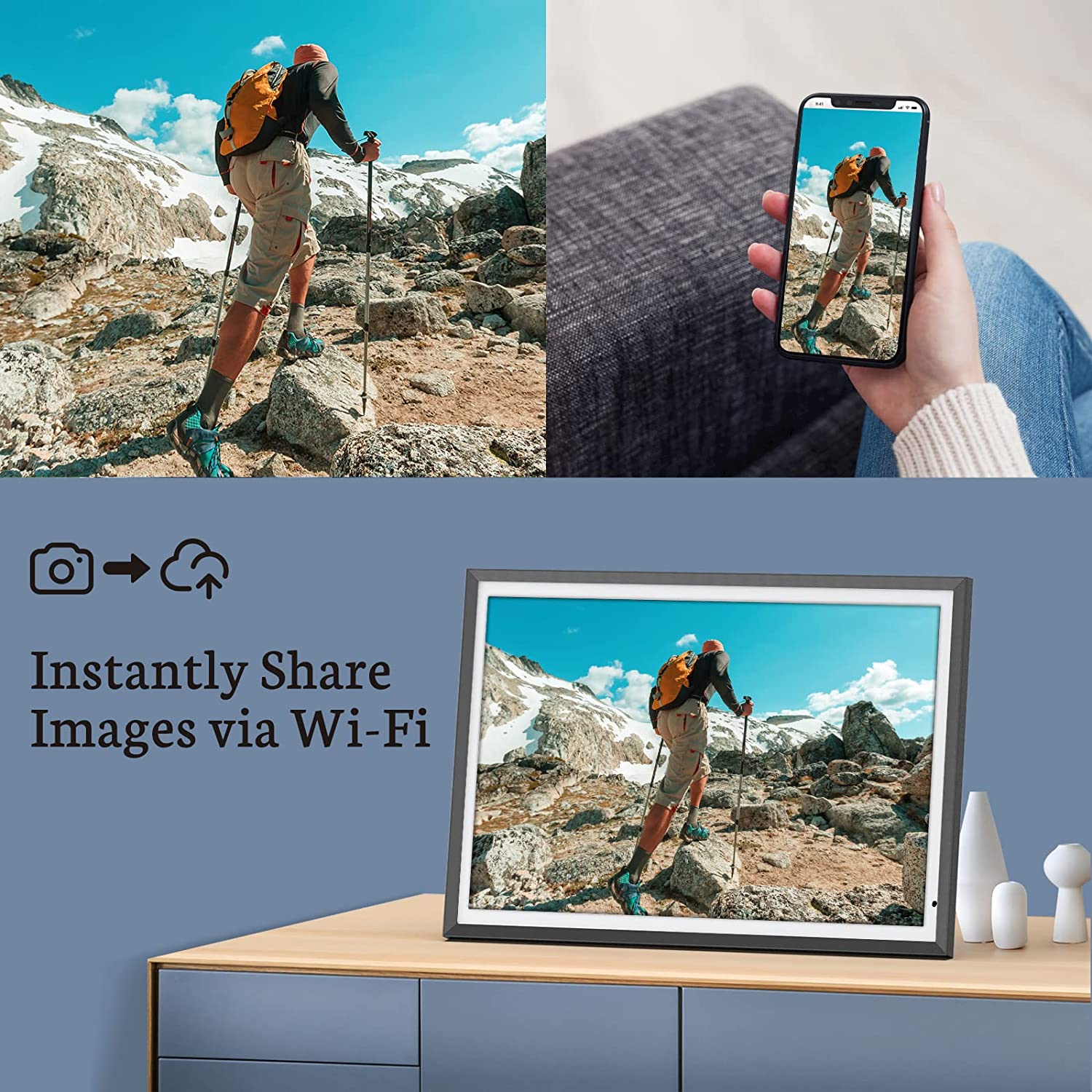 BSIMB 32GB 13.5 inch 3K Digital Photo Frame Dual Band Wi-Fi, 3000X2000 Smart Digital Picture Frame, Light Sensor, Send Photos & Videos via App/Email Instantly, Wall Mountable, Gift for Grandparents - Image 8