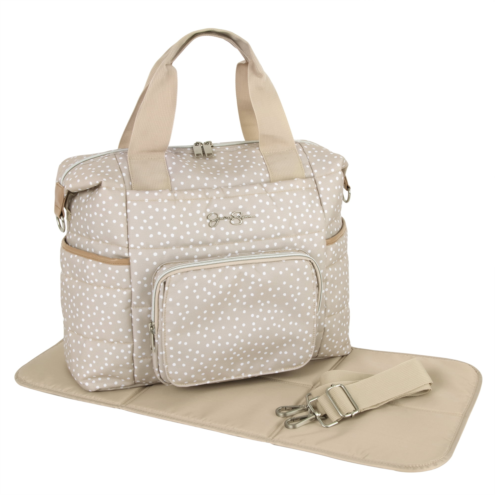 Jessica Simpson Quilted Baby Essentials Multifunction Multi-Pocket Fashion Diaper Bag Luggage Tote with Magnetic Front Wipes Pocket, Bottle Pockets & Changing Pad for Infant Boys & Girls in Taupe Dots - Image 7
