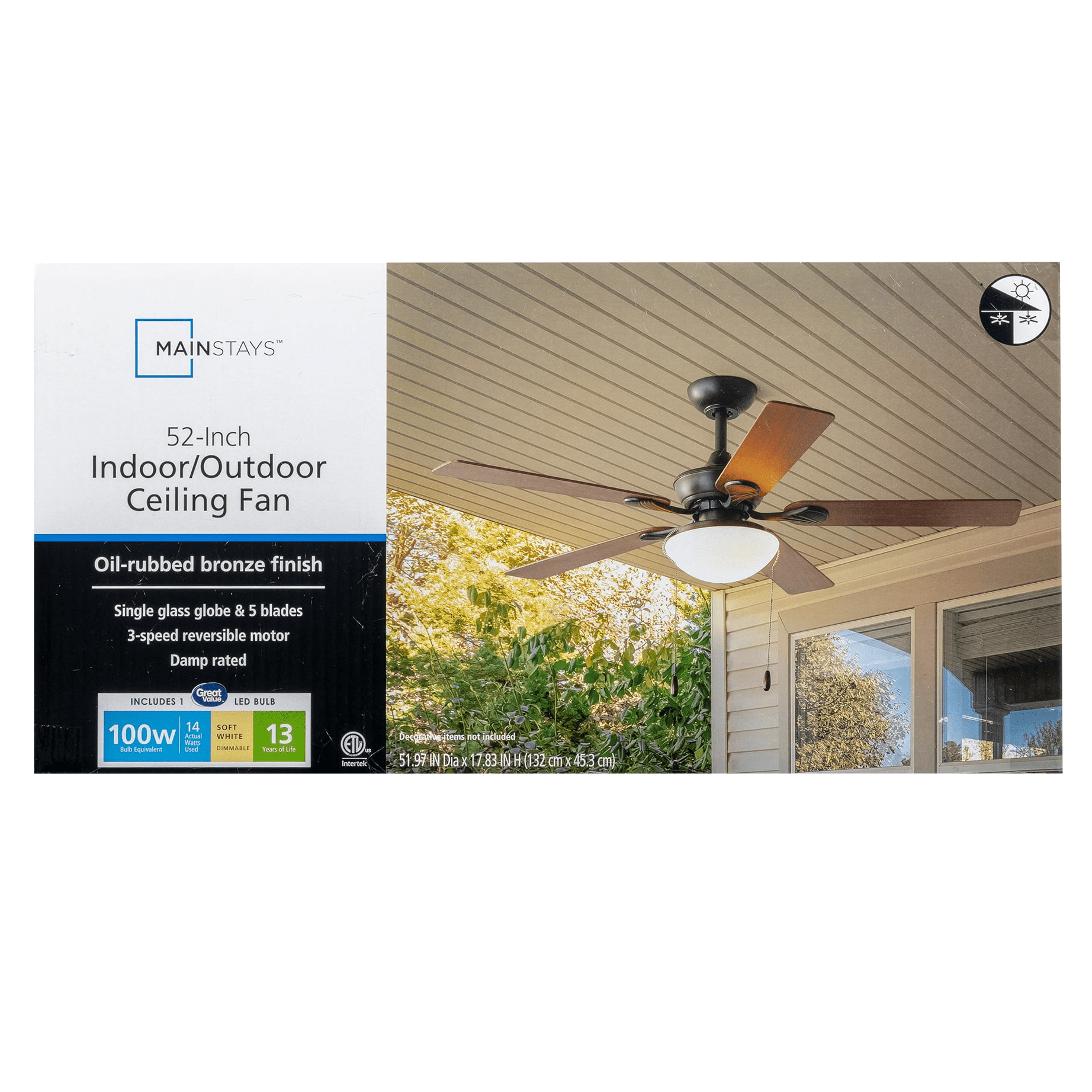 Mainstays 52" Indoor/Outdoor Oil Rubbed Bronze 5 Blade Reverse Airflow Ceiling Fan, 1 LED Bulb - Image 2