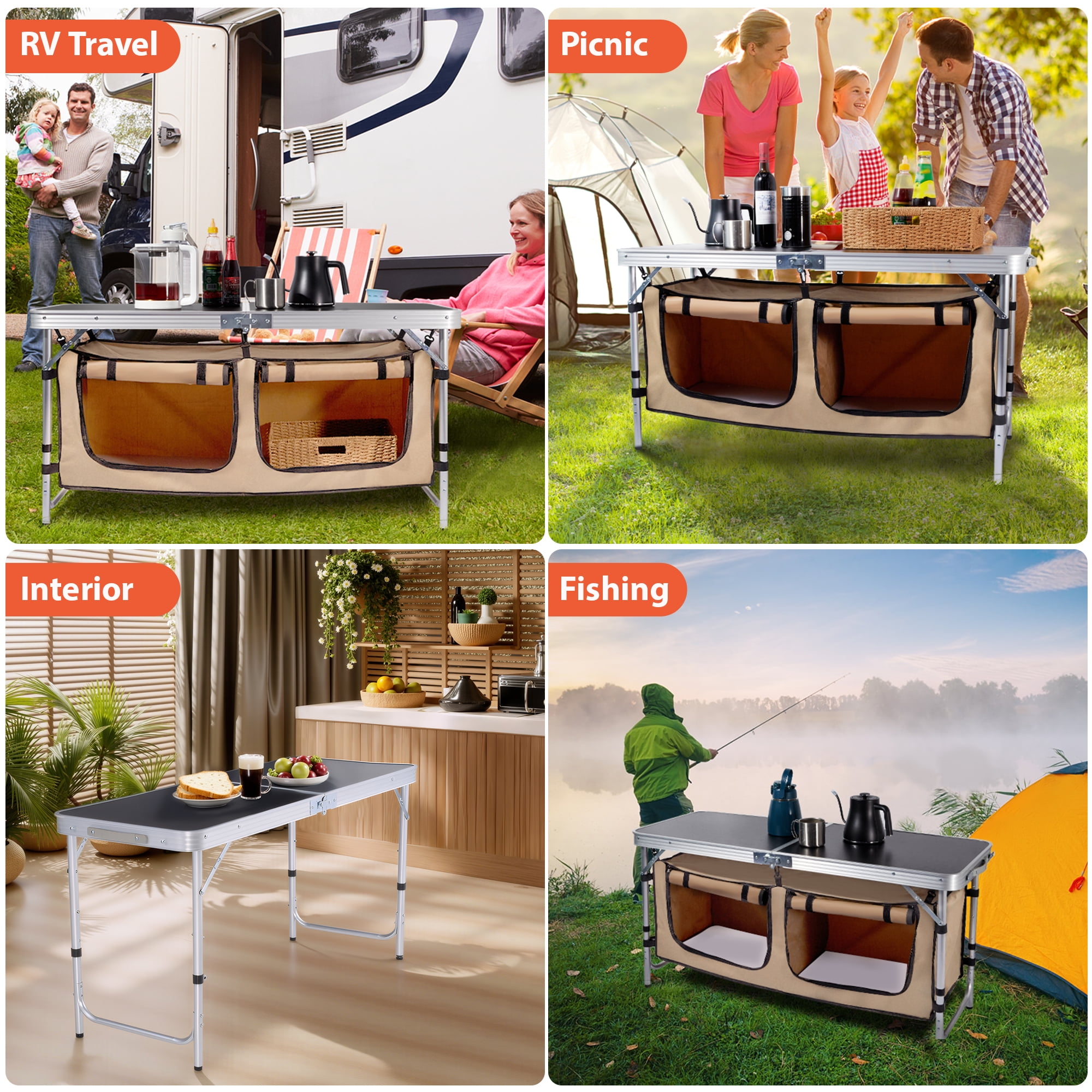 Vecukty Portable Camping Table Set - Aluminum Kitchen Station w/ Storage, Adjustable Feet & Trash Can, brown - Image 8