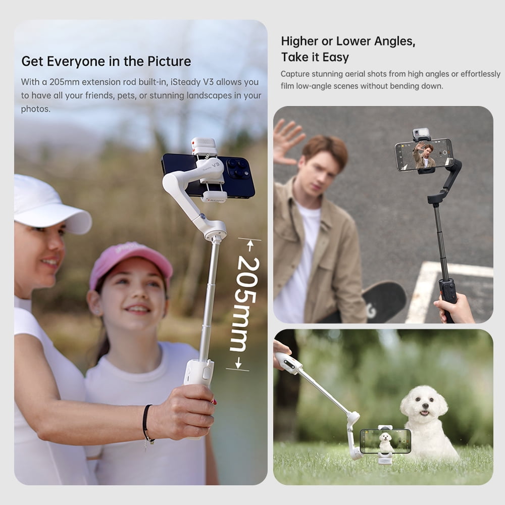 Hohem iSteady V3 Gimbal Stabilizer for Smartphone, Phone Gimbal with Magnetic AI Tracker, Built-in Extension Rod, Tripod, Fill Light, Phone Stabilizer for Video Recording, YouTube, White - Image 3