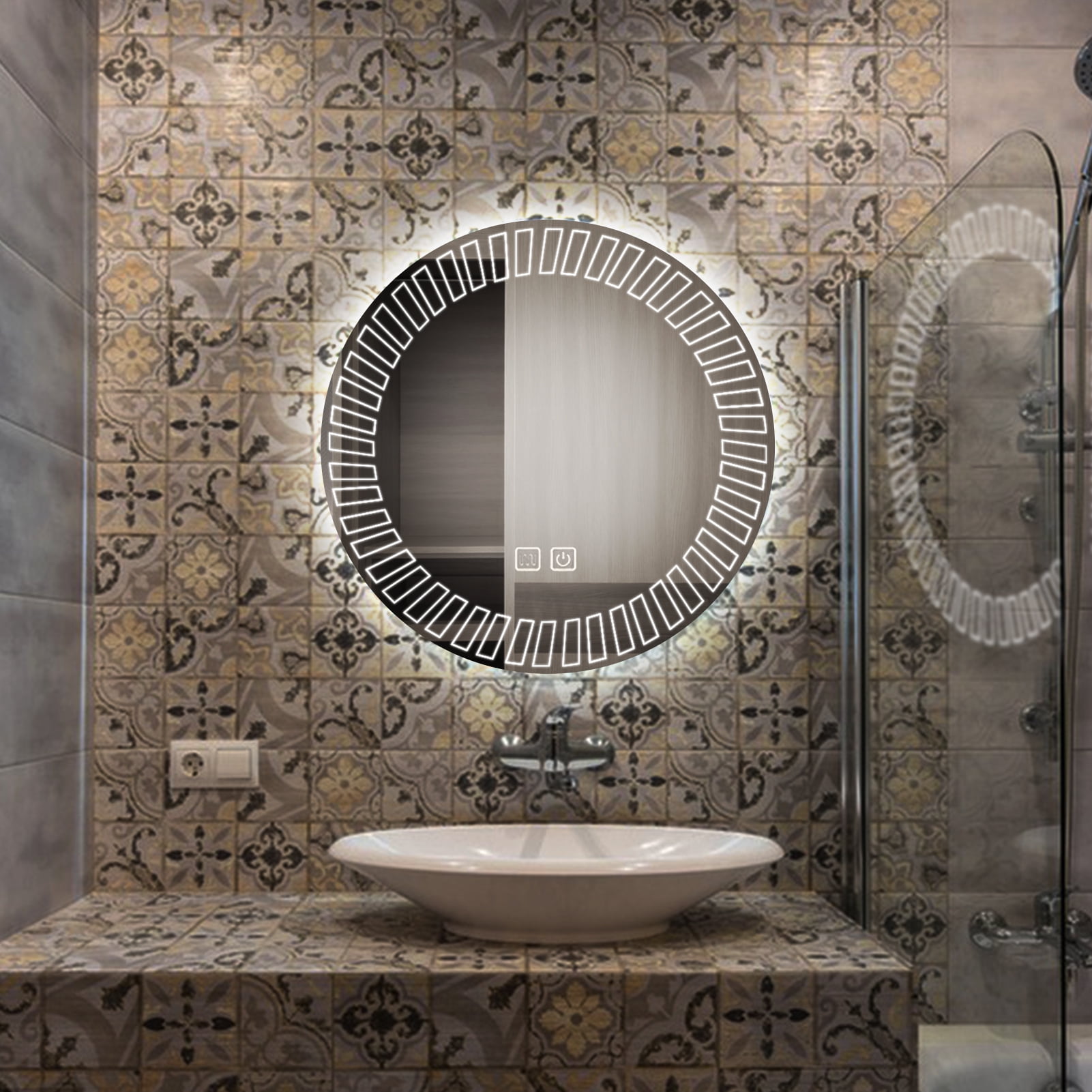 YOSHOOT LED Round Bathroom Vanity Mirror with Lights, 20" Dimmable Circle Makeup Mirror, 3 Color Lighting Modes & Touch Screen, Wall Mounted Anti-Fog Frameless Illuminated Mirror, F - Image 7