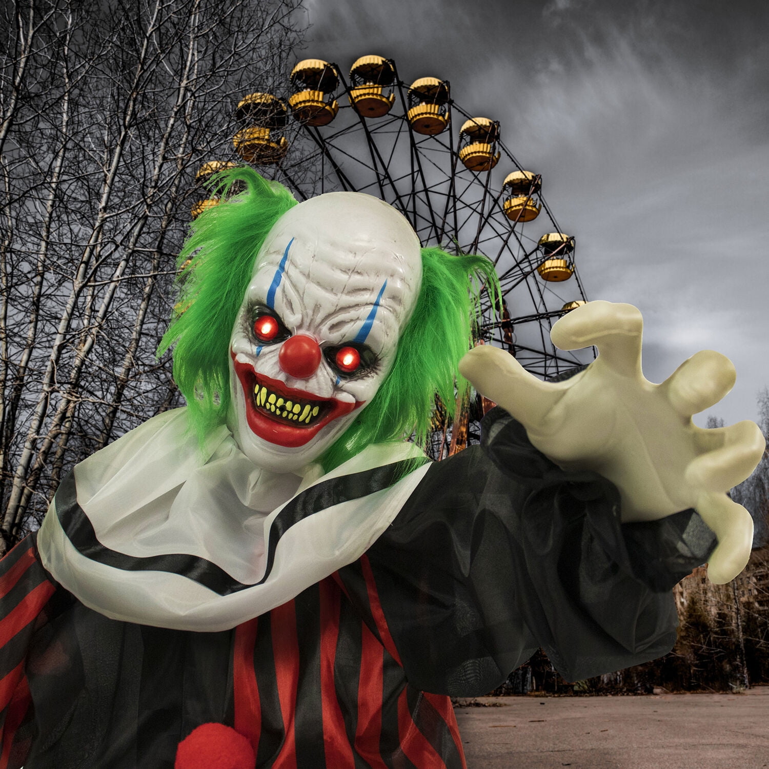 Haunted Hill Farm 32 in Life Size Animatronic Crouching Clown with Lights and Sound, Indoor or Covered Outdoor Halloween Decoration, HHCLOWN-12FLSA - Image 4