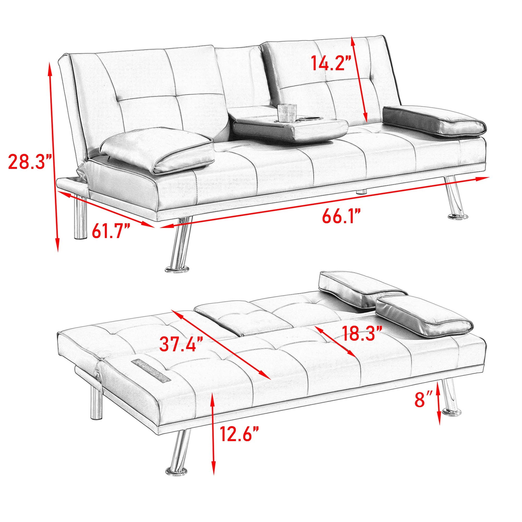 Aukfa Leather Futon Sofa Bed Modern Convertible Couch Folding Chaise with 2 Cup Holders, Brown - Image 5
