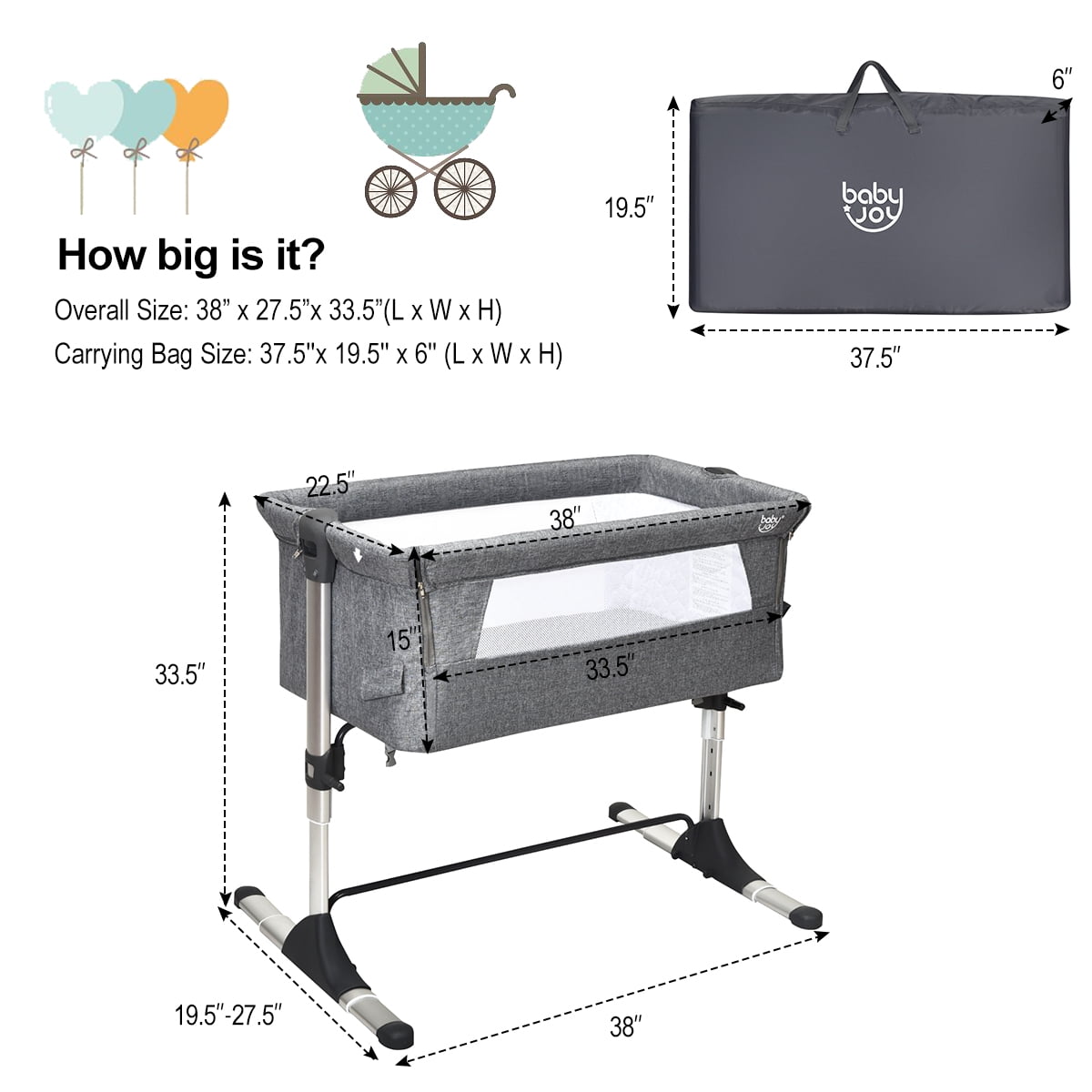 Costway Baby Playard Bassinet Bed Side Crib Infant Sleeper Breathable Mesh with Carrying Bag Gray - Image 4
