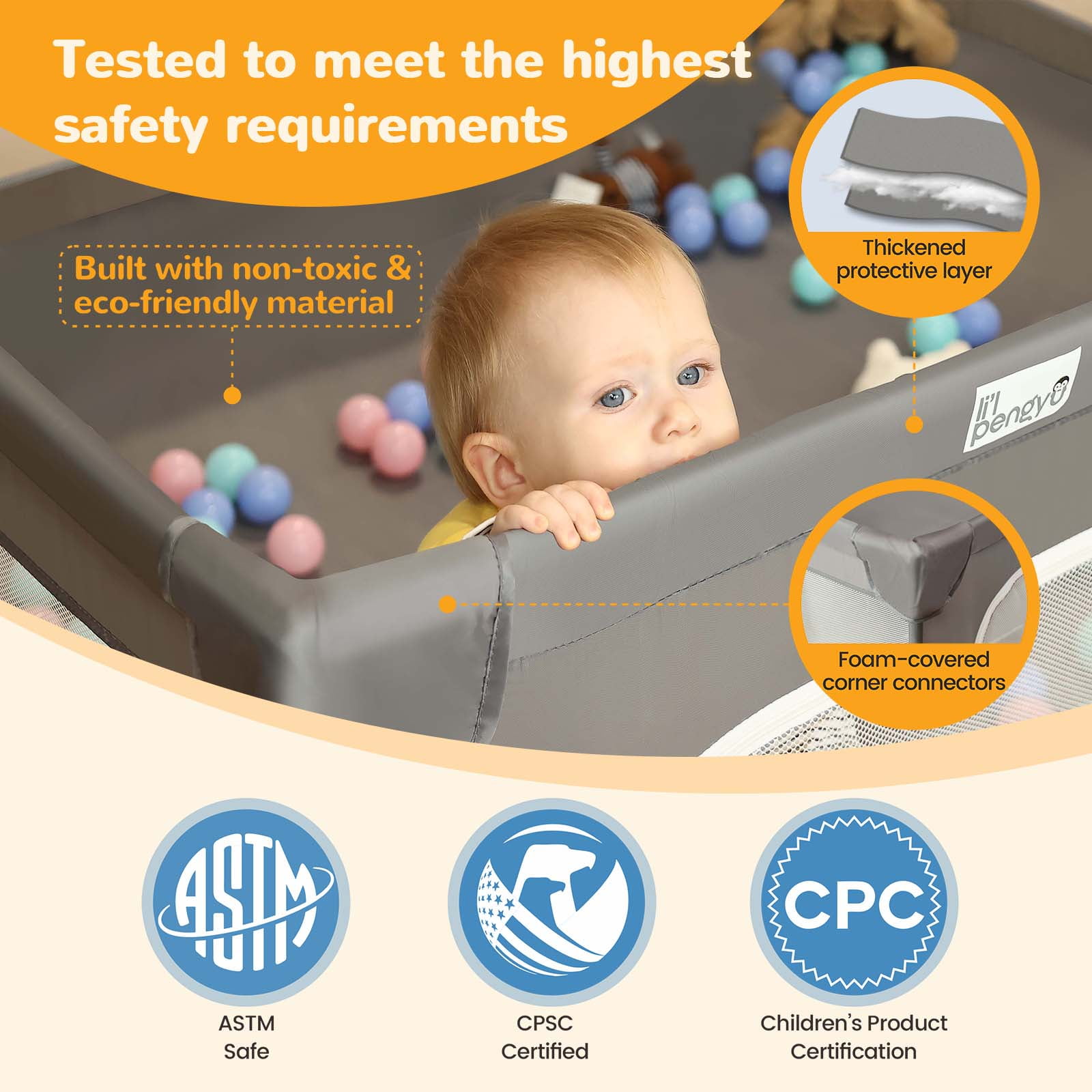 Baby Playpen for Babies and Toddlers, 71 x 59 inch Baby Play Yards, Kids Play Pen for Indoor & Outdoor, Extra Large Baby Playpen, Toddler Play Yard with Carrying Bag, Anti-Slip Base (Gray) - Image 3