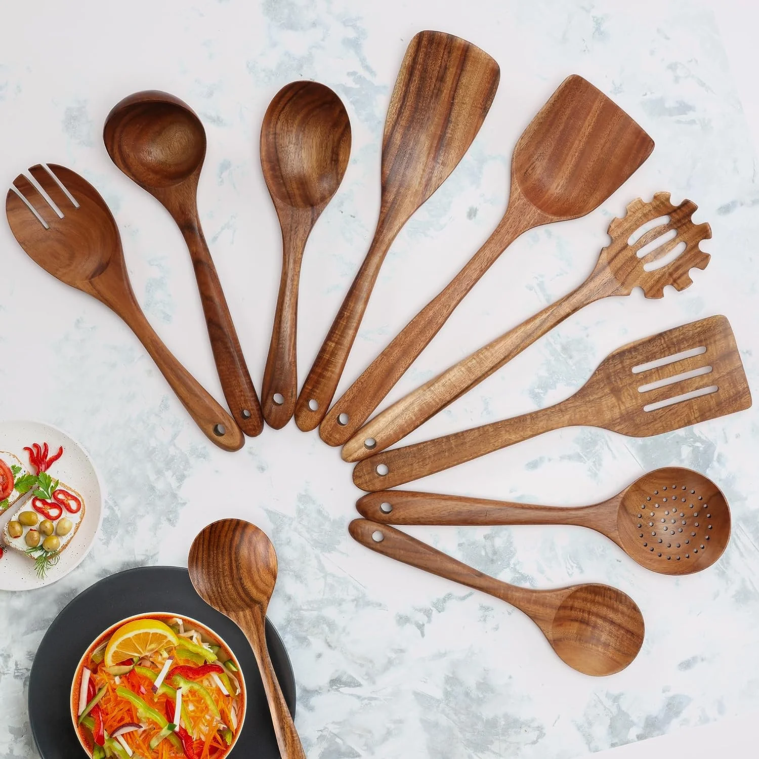 Zulay Kitchen Premium 9 Piece Teak Wooden Utensils - Smooth Finish Natural Teak Wood Cooking Utensil Set with Premium Gift Box - Image 10