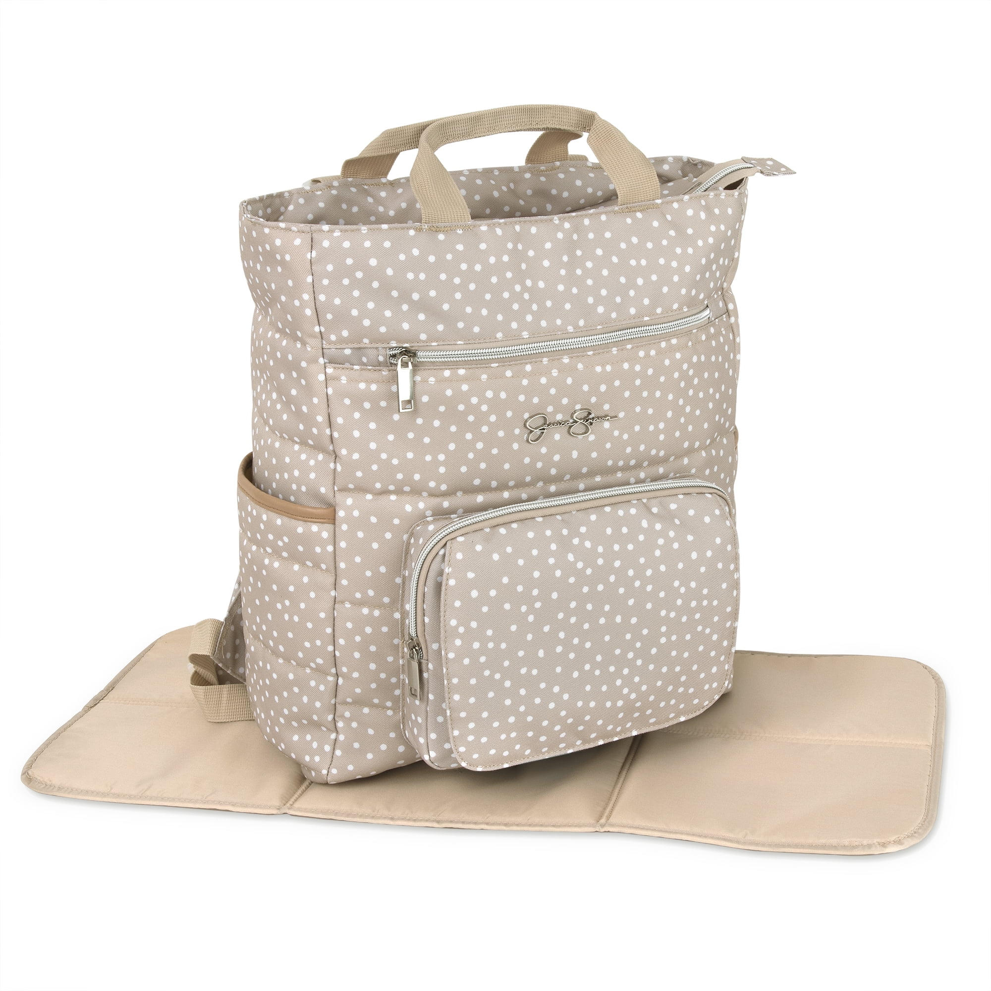 Jessica Simpson Taupe Line Quilted Multi-Pocket Fashion Diaper Bag Tote and Backpack in Dots with Magnetic Front Baby Wipe Pocket, Matching 3-Ply Folding Baby Changing Pad - Image 3