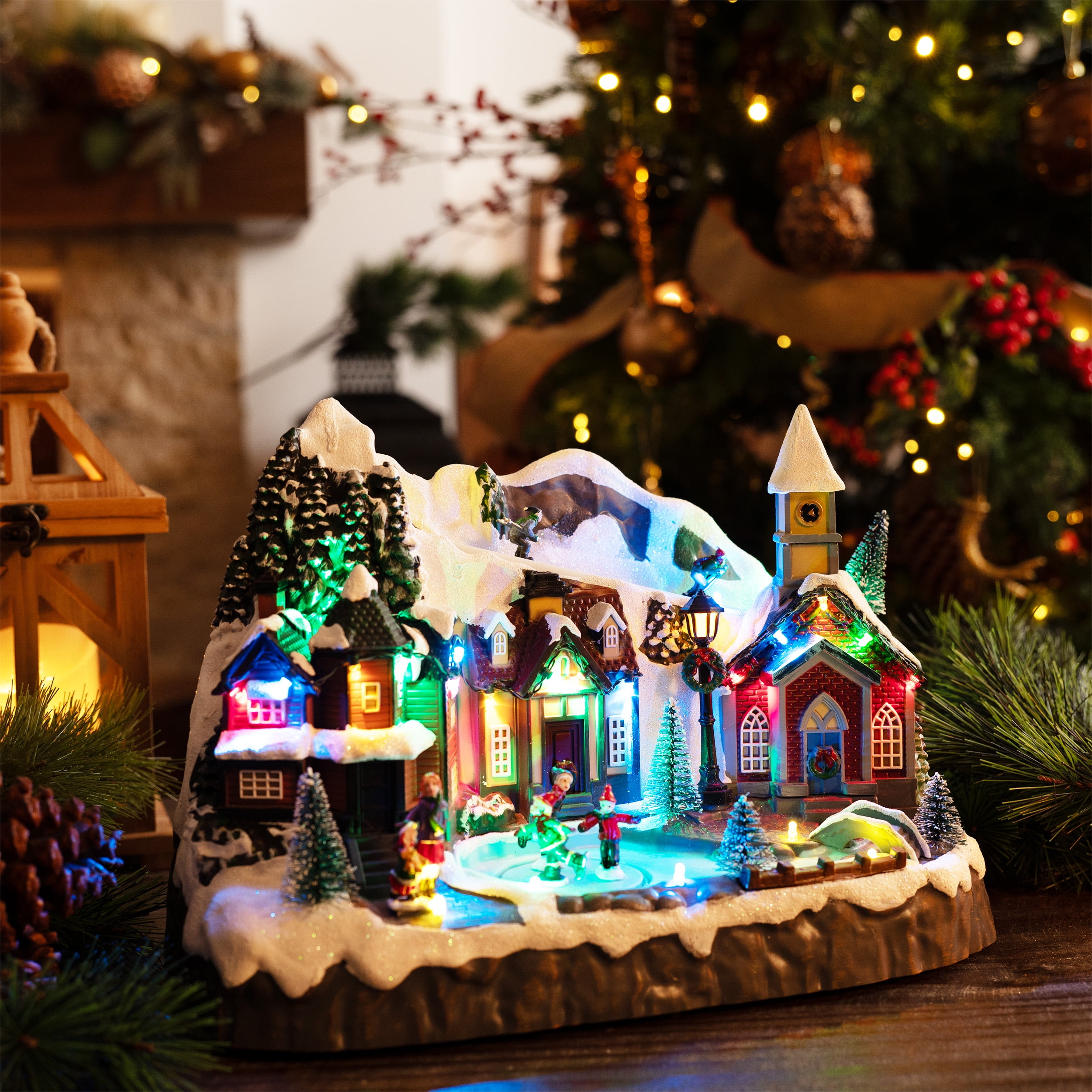 Valery Madelyn 13.3 inches Dynamic Christmas Village, Multi-color Lighted Sledding Down Hill Large Snow Skating Pond Musical Christmas Decoration for Holiday Table Top Decoration - Image 4