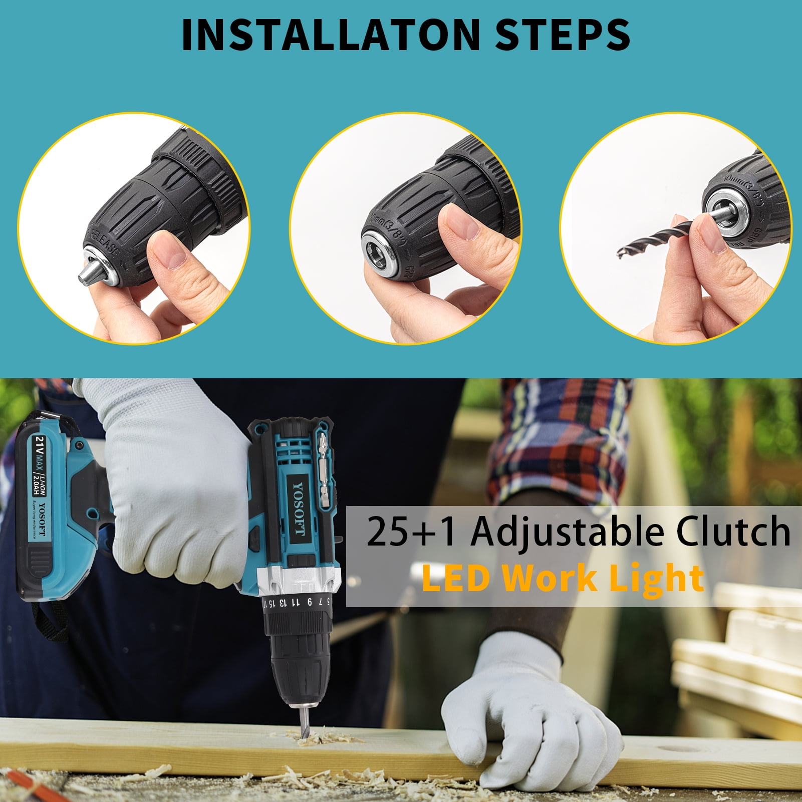 YOSOFT 21V Cordless Drill Set,119 Piece Power Tool Combo Kits,25+1Torque Setting with 2x2.0Ah Battery for Professional Garden Office Home Repair Maintain - Image 6