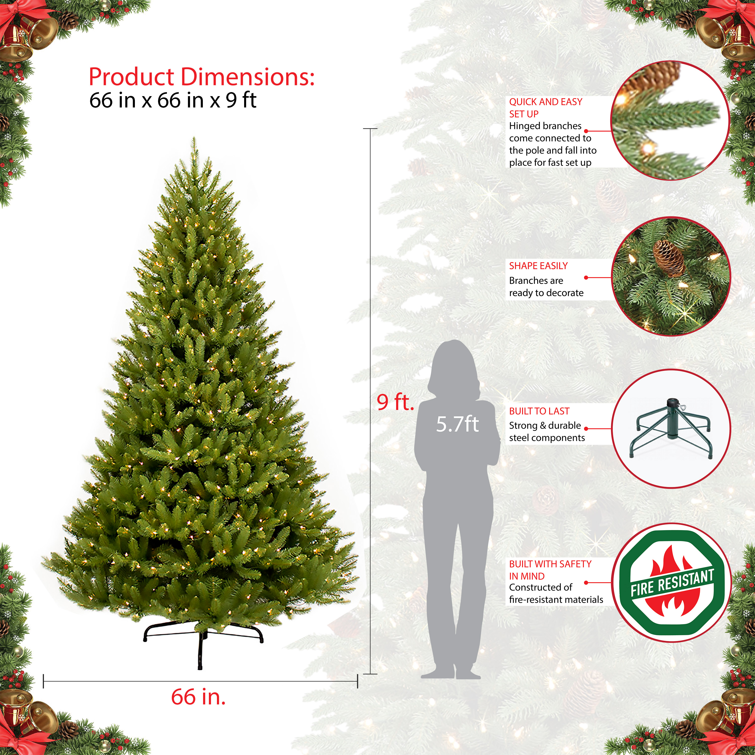 Puleo International 9' Pre-Lit Fraser Fir Artificial Christmas Tree with 1000 Clear UL Listed Lights - Image 3