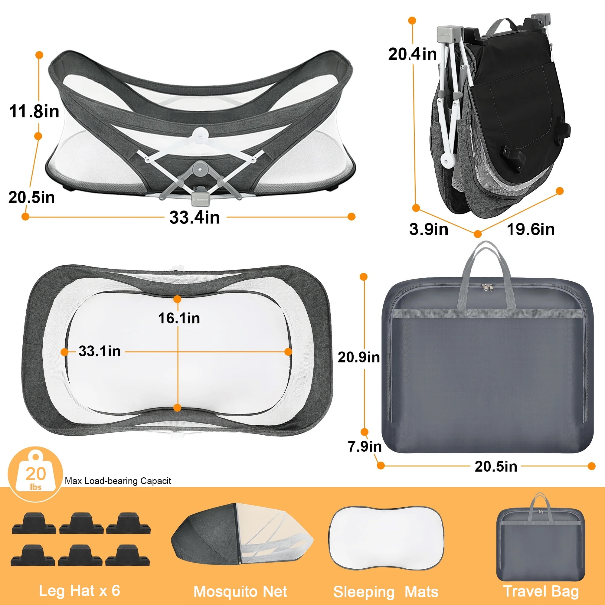 Vomeast Baby Travel Bassinet, Travel Crib Portable Bassinet with Organizer Bag, Infants 0-5 Months, Grey - Image 7