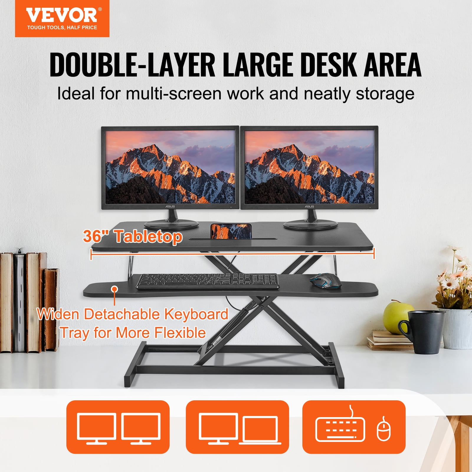 VEVOR Standing Desk Converter 2-Tier Stand up Desk Riser 36" Adjustable Height - Image 4