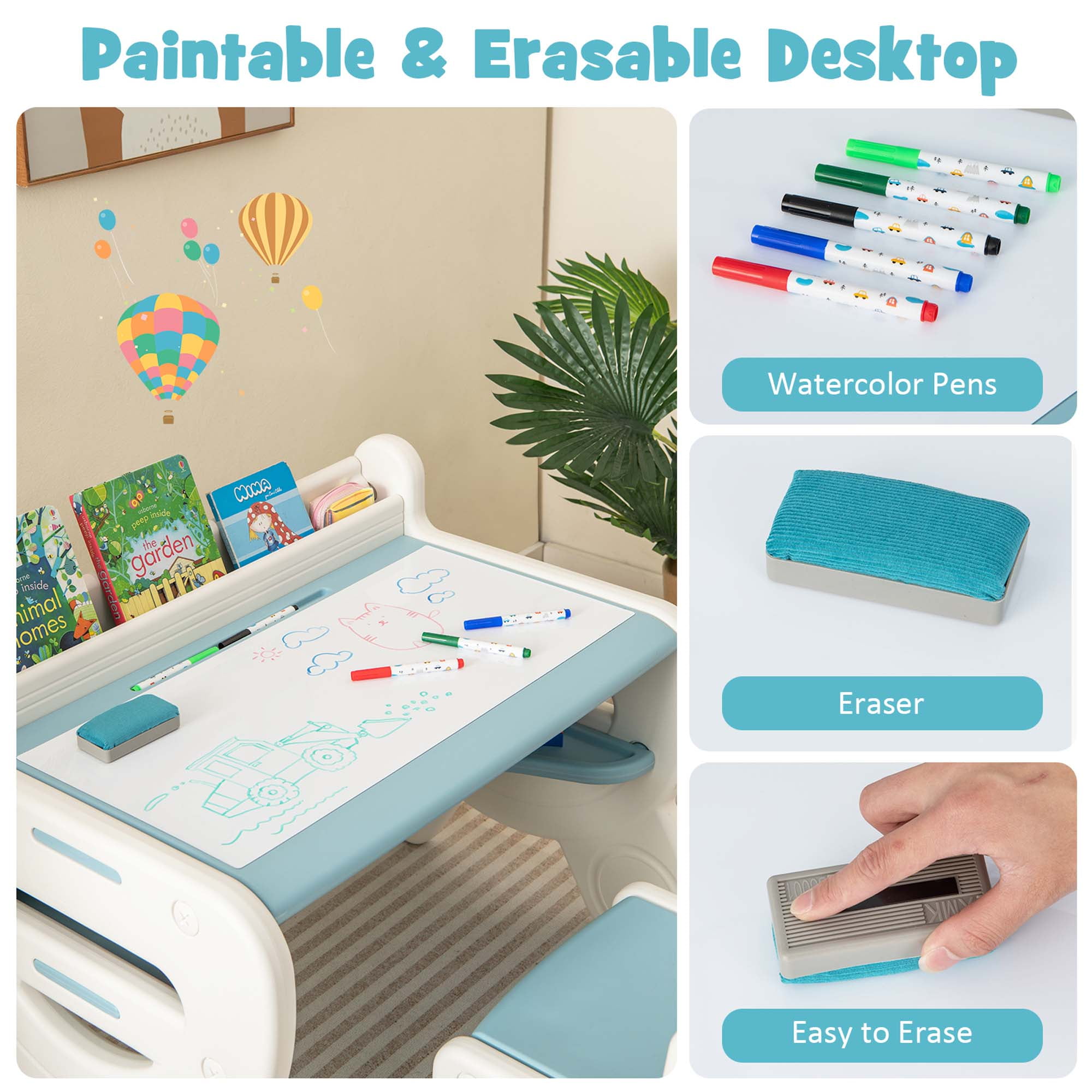 Costway Kids Drawing Activity Table and Chair Set with Storage, Blue - Image 6