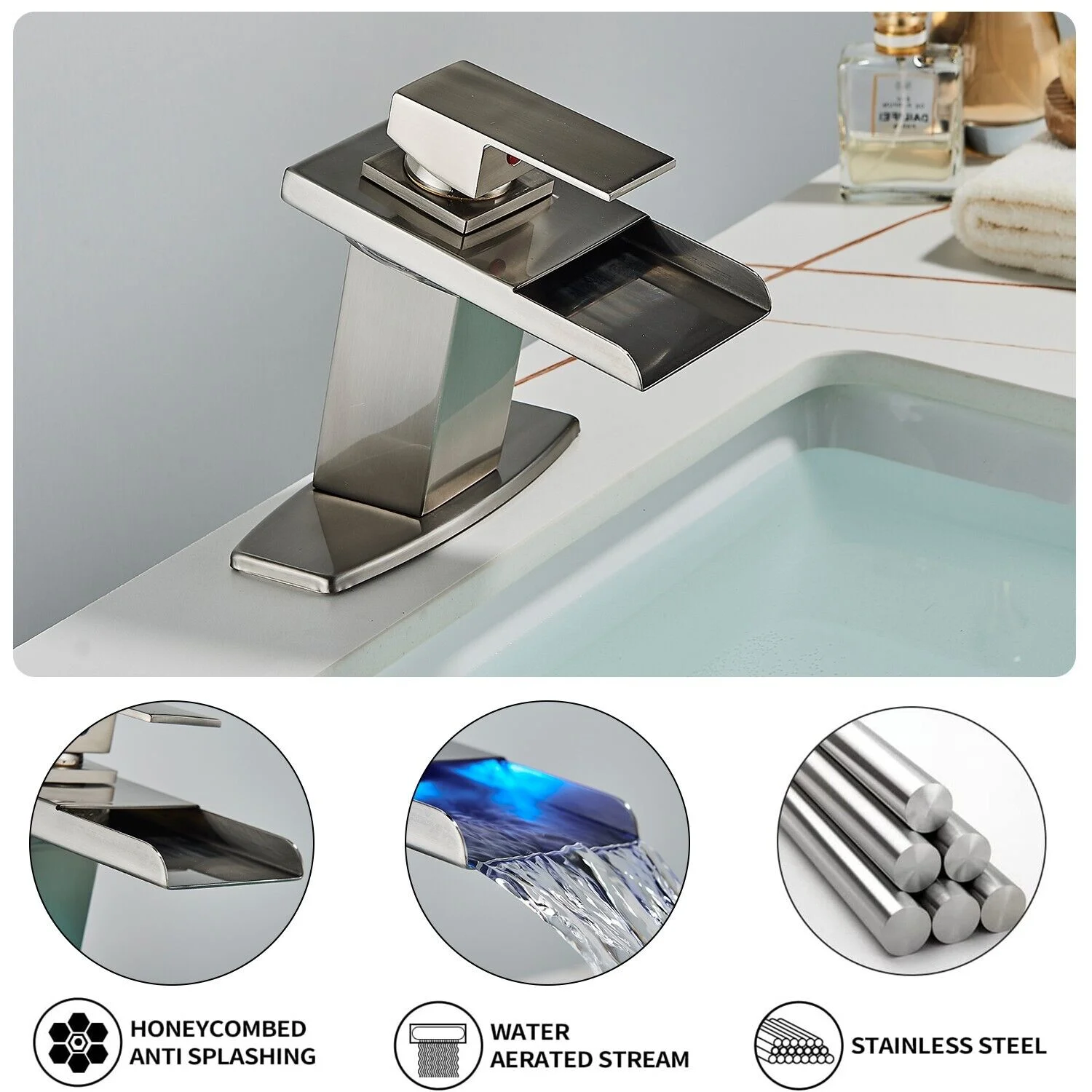 Zovajonia LED Waterfall Bathroom Faucet Brushed Nickel Single Handle Basin Sink Mixer Tap - Image 13