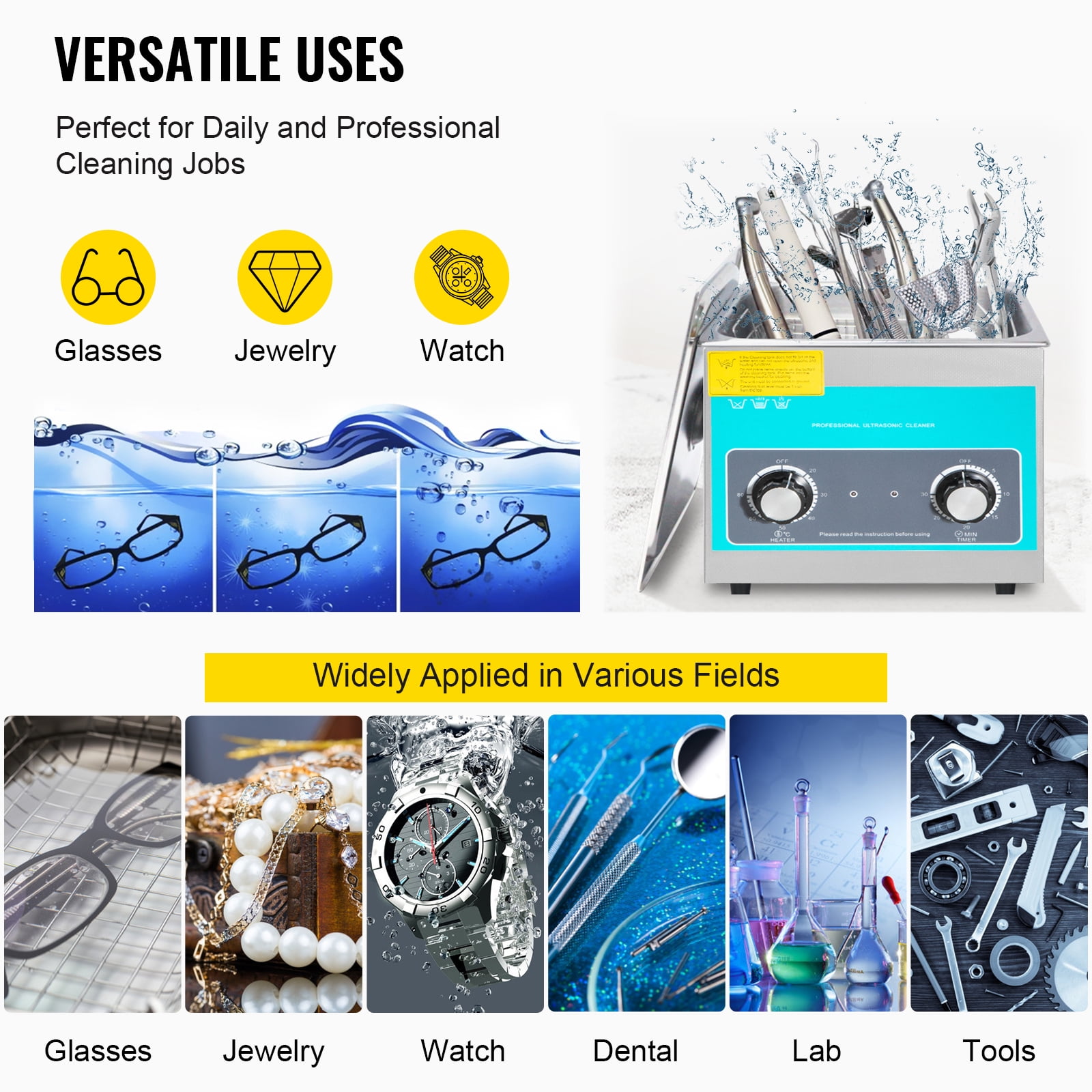 VEVORbrand Knob Ultrasonic Cleaner 3L 40kHz Ultrasonic Cleaning Machine Knob Control 304 Stainless Steel Ultrasonic Cleaner Machine with Heater & Timer for Cleaning Jewelry Eyeglasses Watches - Image 4