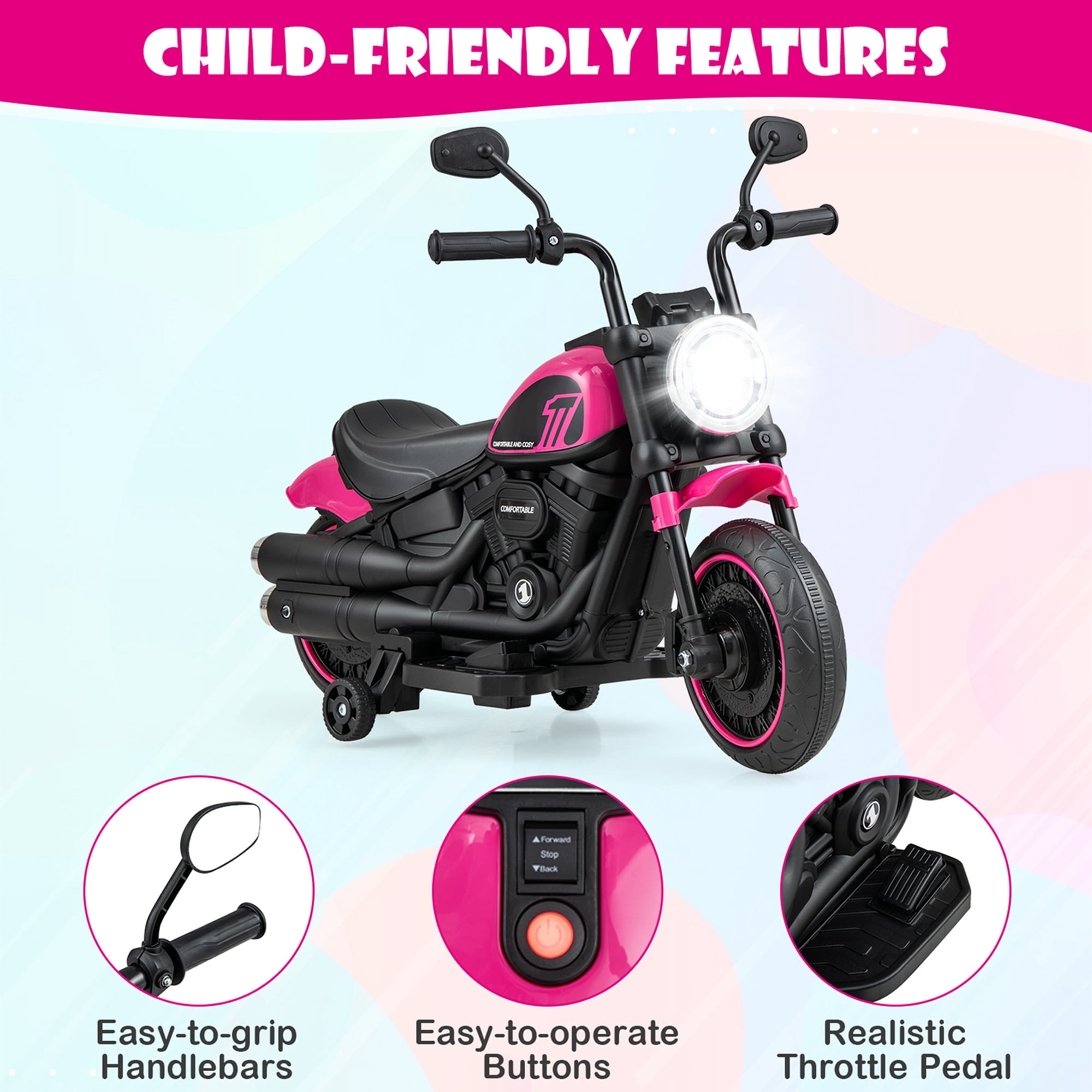 Costway 6V Kids Electric Motorcycle with Training Wheels LED Headlights Music Board Pink - Image 9