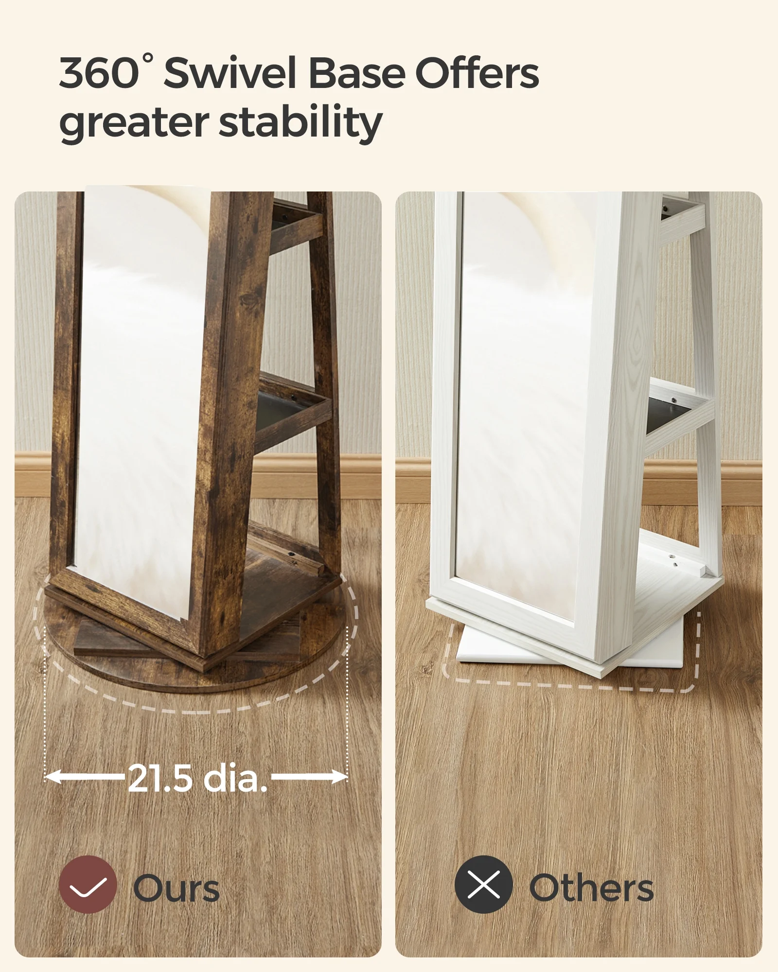 360° Swivel Jewelry Cabinet with Full Length Mirror Modern Adult Accessory Armoire, Rustic Brown - Image 3