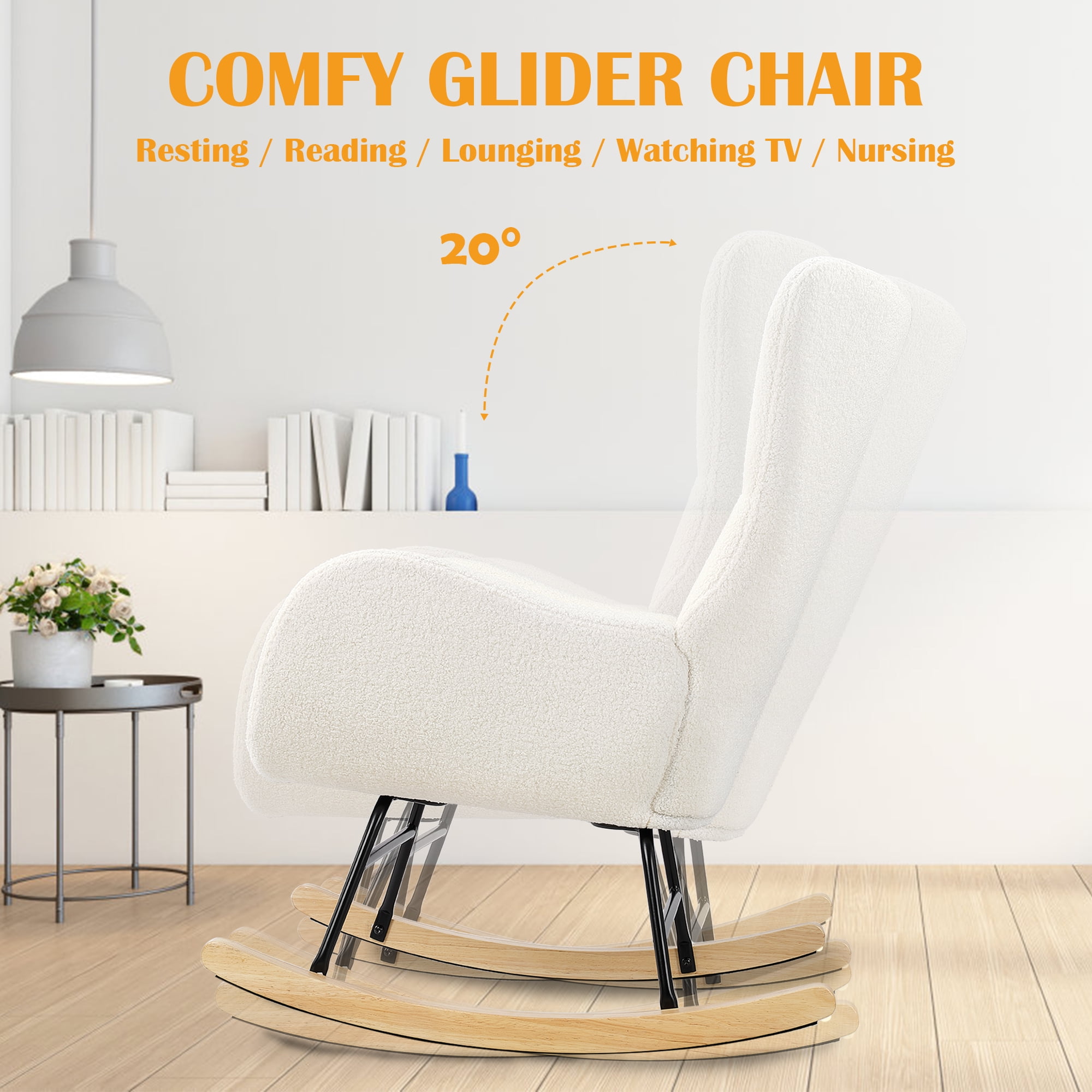 TrumanPick Nursery Rocking Chair, Upholstered Glider Arm Chair Accent Chair with High Wingback for Living Room Baby Bedroom, Teddy Fabric, Ivory White - Image 6