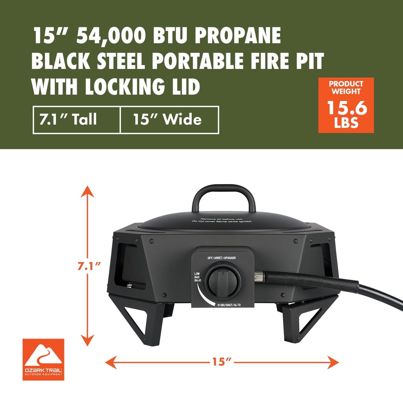 Ozark Trail 15" 54,000 BTU Propane Black Steel Portable Fire Pit with Locking Lid - Image 22