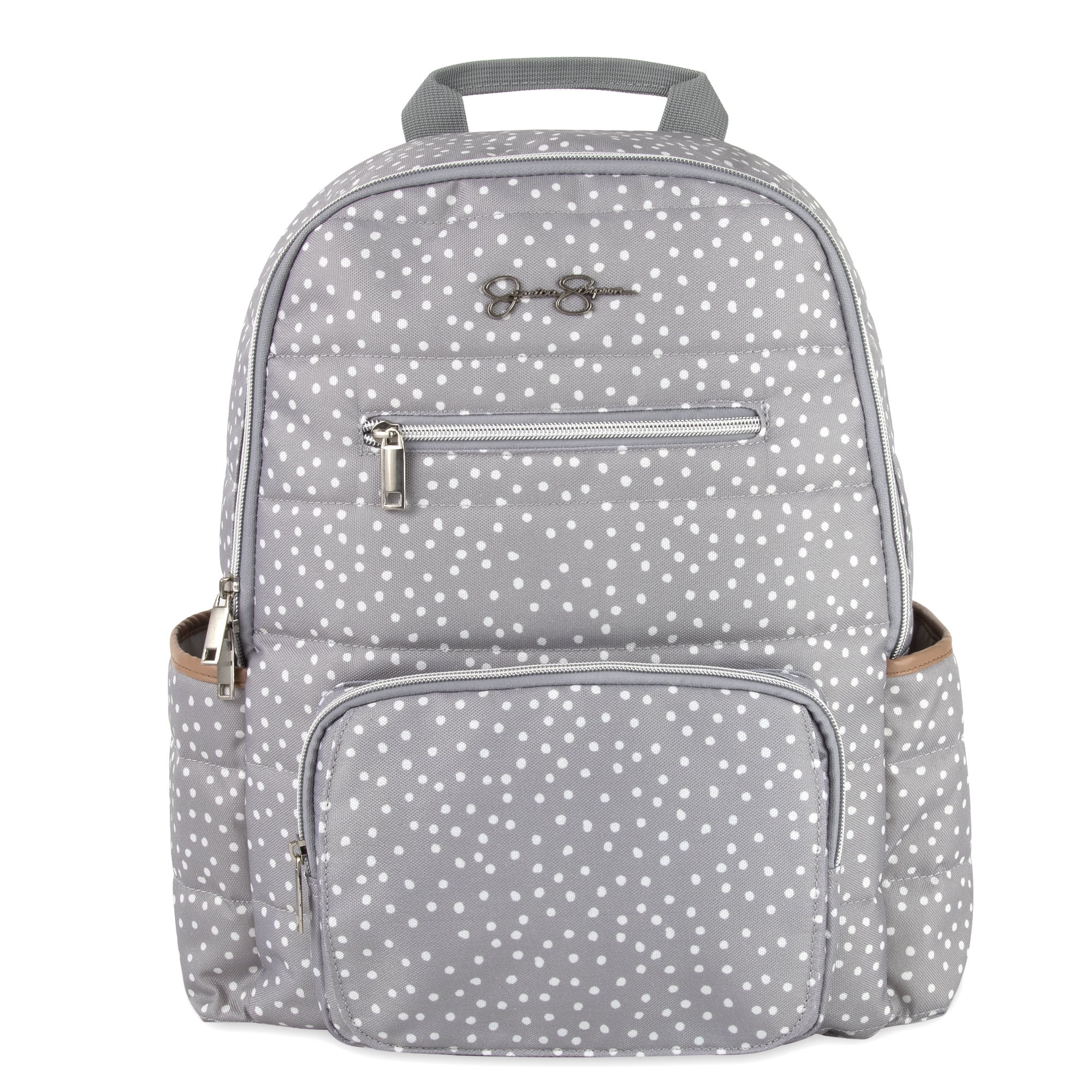 Jessica Simpson Gray Line Quilted Multi-Pocket Dual Zipper Closure Fashion Diaper Bag Backpack in Dots with Magnetic Front Baby Wipe Pocket, Matching 3-Ply Folding Baby Changing Pad - Image 3