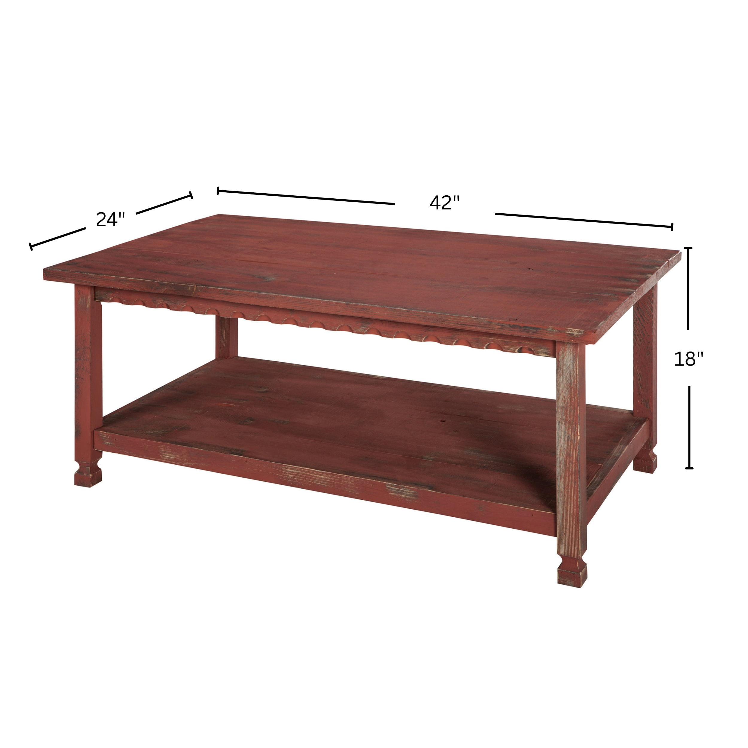 Alaterre Furniture Country Cottage 42" Rustic Rectangular Coffee Table, Solid Wood Living Room Furniture, Red Antique Finish - Image 6