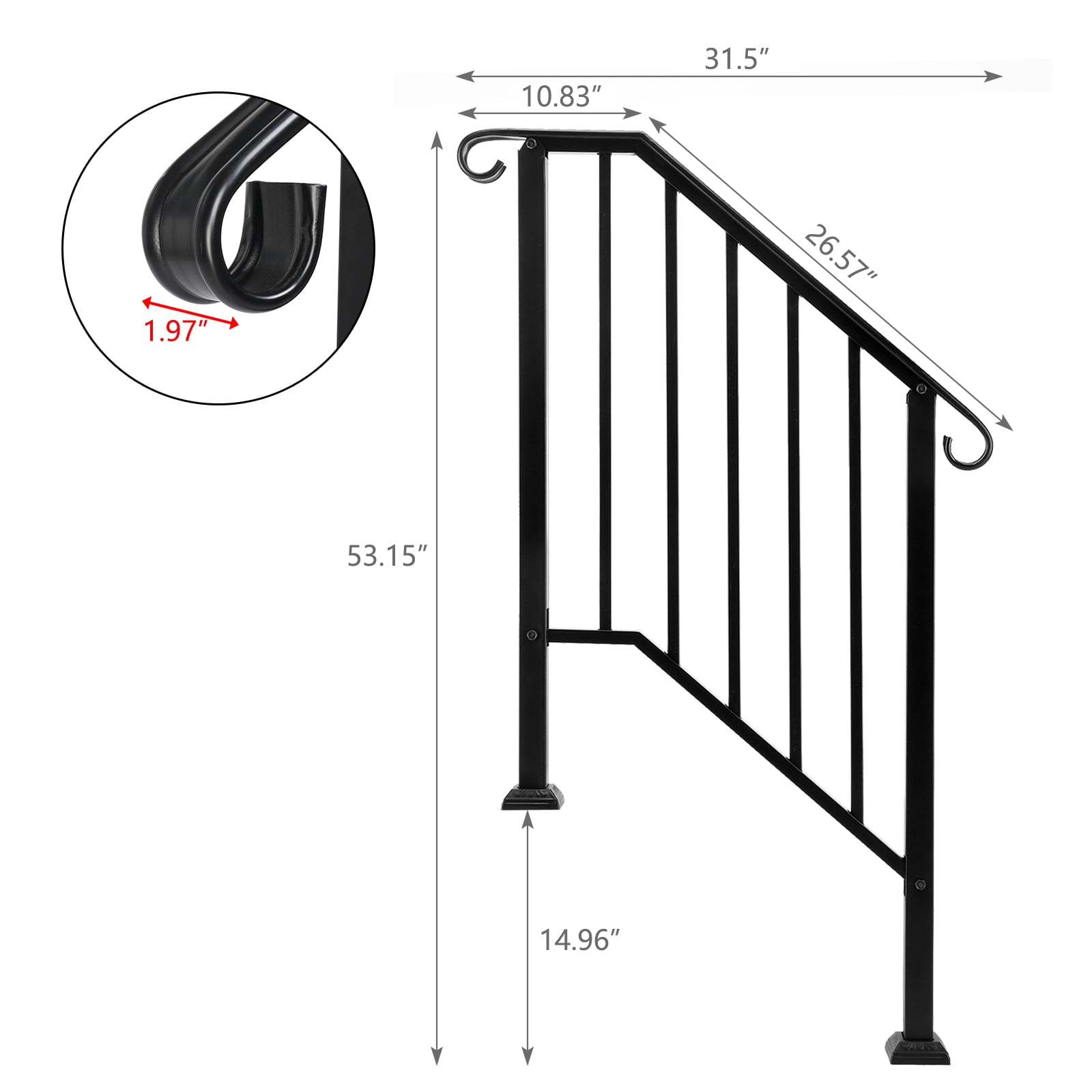 Zimtown Handrail for Stairs Fits 2 or 3 Steps Outdoor Stair Railing Picket Black Wrought Iron Handrail - Image 10