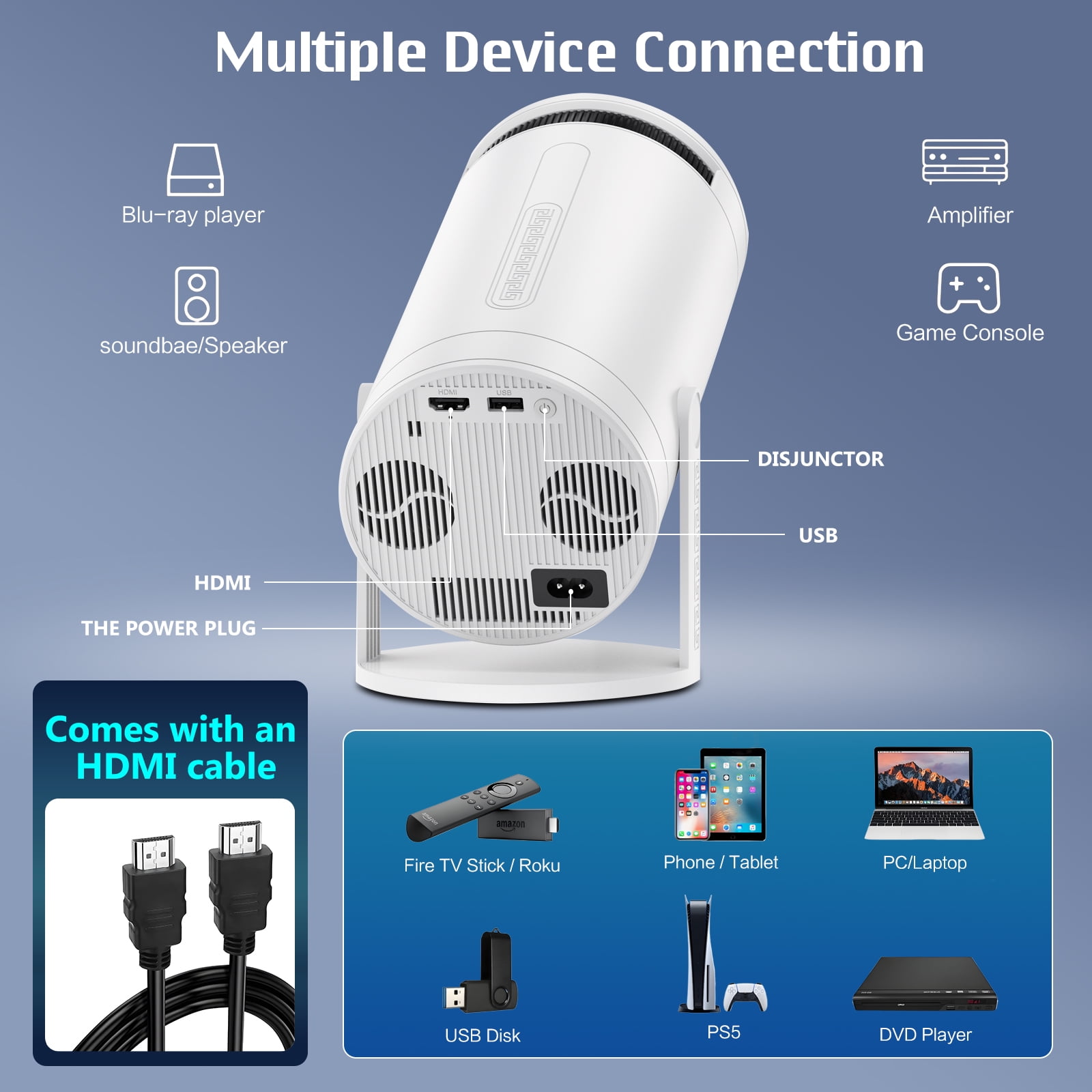 2025 Upgraded Mini Portable Projector, 4K 1080P Support, WiFi6 BT5.0 Android 11, 270°Adjustable Home Video Outdoor Movie Projector, HDMI Cable Included, CWOWDEFU CP38 - Image 4