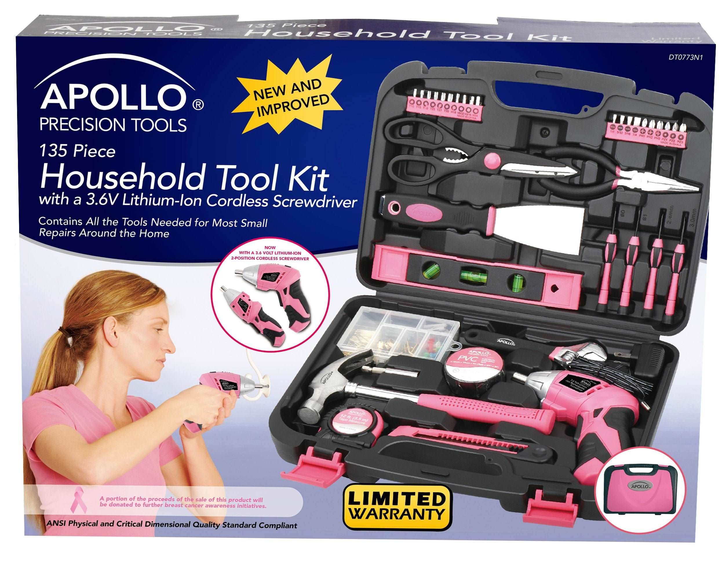 135 Piece Household Tool Kit Pink with Pivoting Dual-Angle 3.6 Volt Lithium-Ion Cordless Screwdriver - DT0773N1 - Image 8