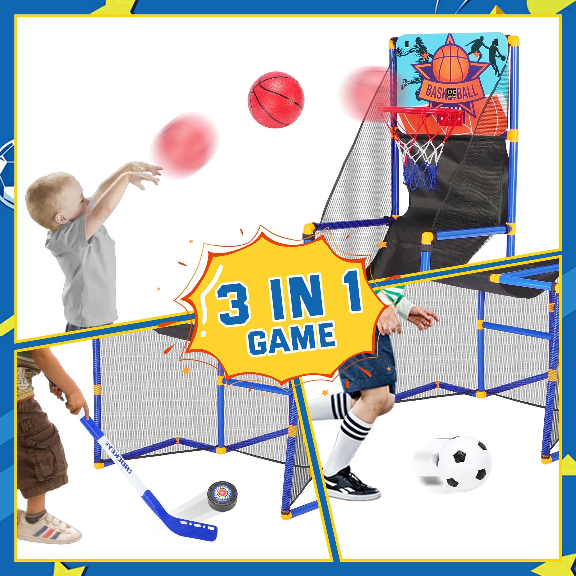 3 in-1 Kids Arcade Basketball Game & Hockey & Soccer, With 4 Basketball Balls, Football, Hockey, Hockey Stick, Pump, Electronic Scoreboard Sound for Toddlers, Basketball Goal for Kids Boys Girls - Image 8