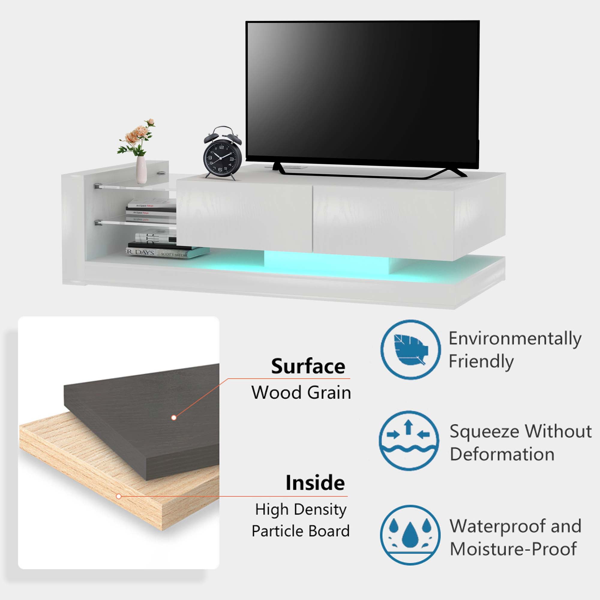 Aukfa Modern TV Stand for TVs up to 75", TV Console Table, LED Lights, Power Outlets - White - Image 7