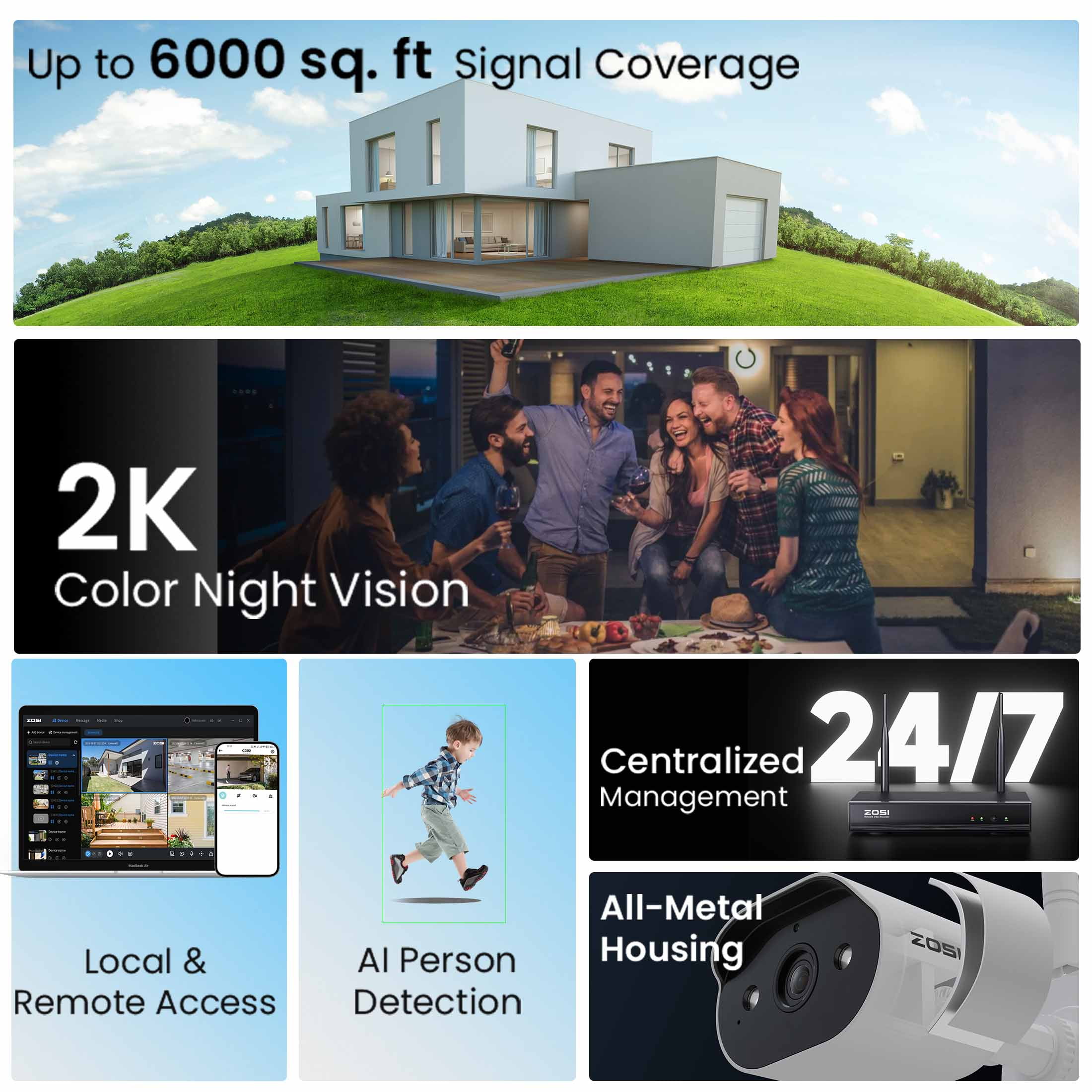 3MP Security Camera System with Audio, ZOSI 8CH Wi-Fi Security Camera System, 2K Outdoor with Color Night Vision,2TB HDD for 24/7 Recording, Smart Home Security - Image 4