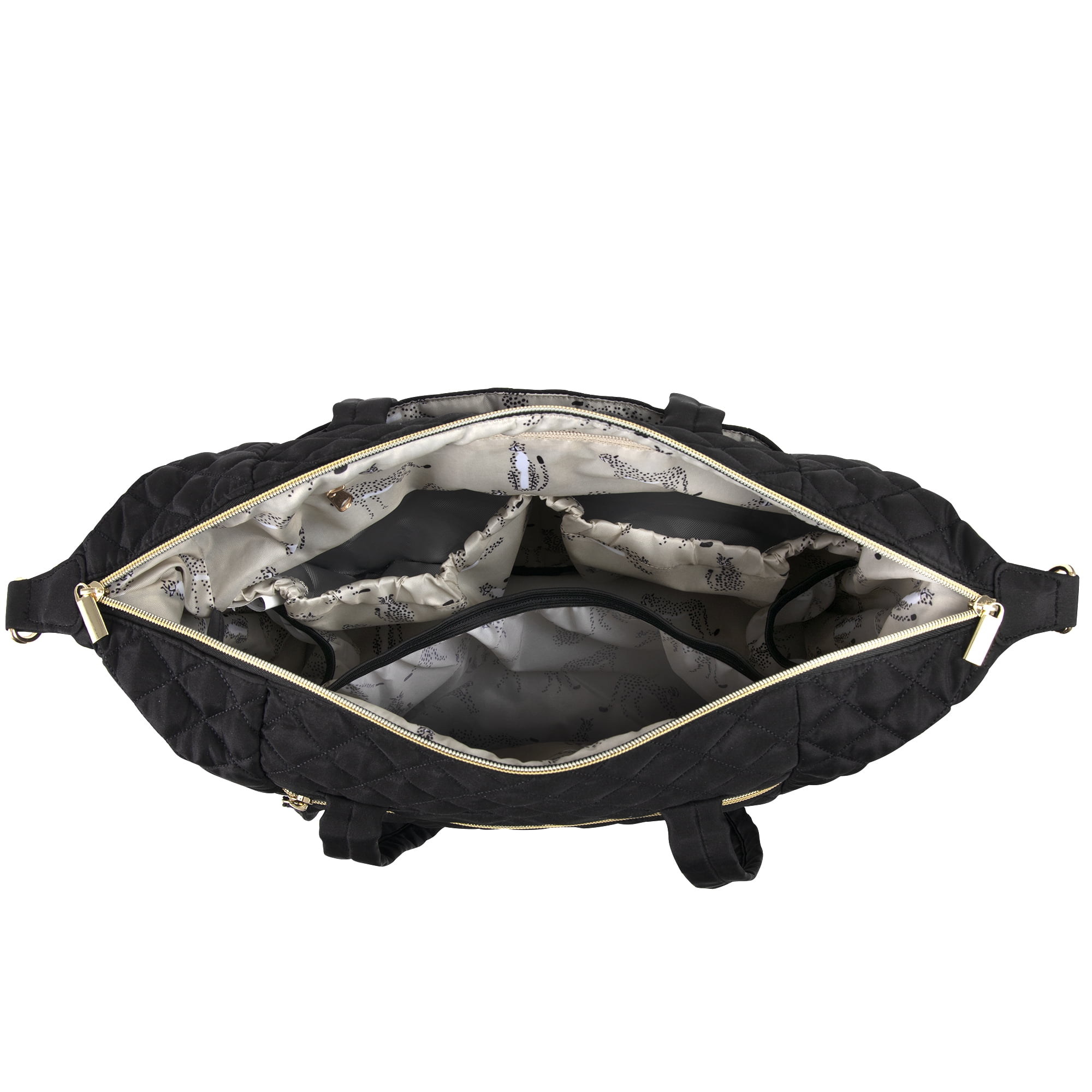 Jessica Simpson Large Black Diamond Stylish Quilted Multi-Pocket Dual Zipper Closure Fashion Diaper Bag Travel Tote Satchel with Luggage Strap, Running Cheetah Print Interior & Changing Pad - Image 15